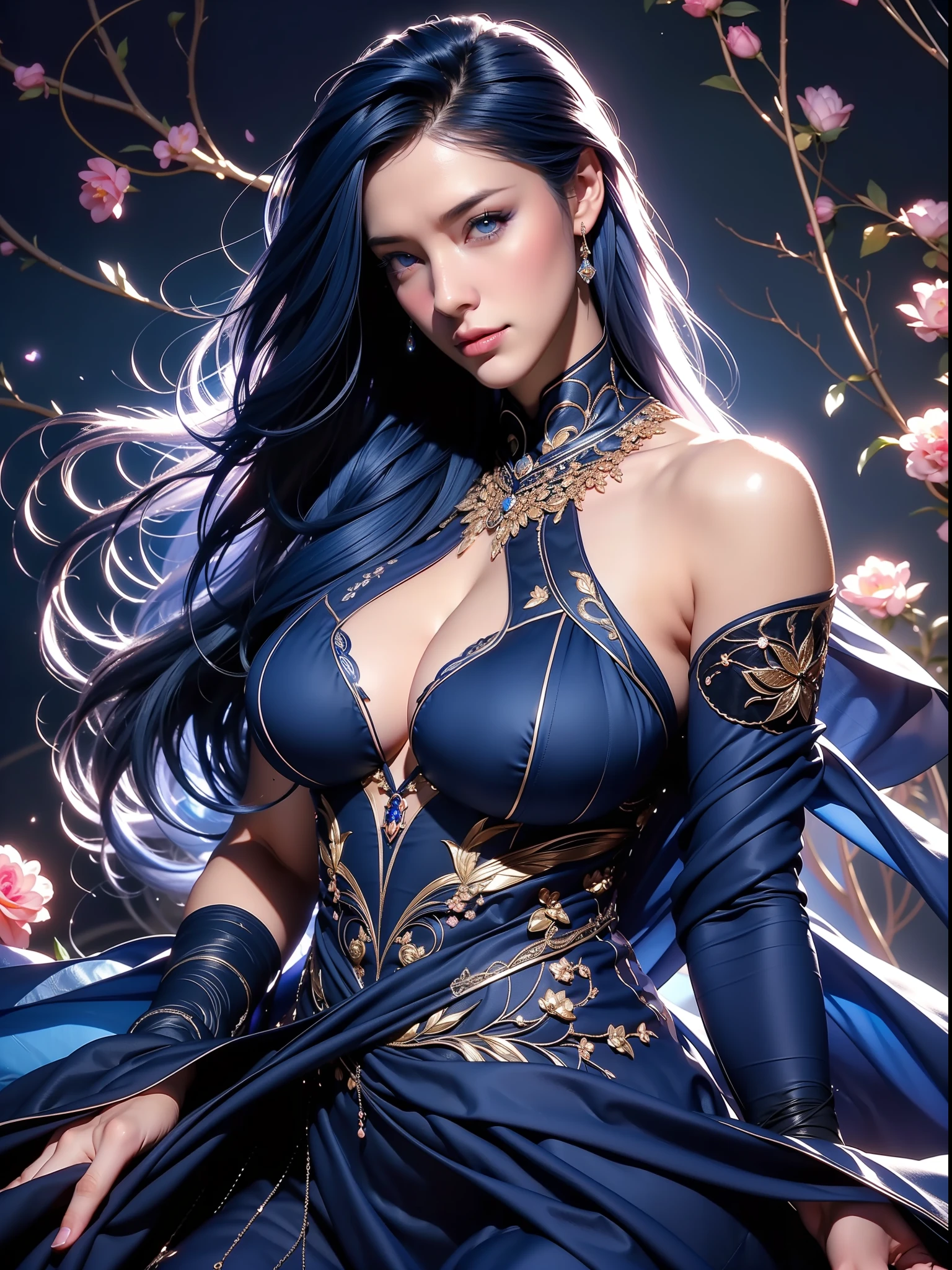 (close up),an woman with modern style posing for a photo in a beautiful room, (((dark blue hair color))),(colorful),(finely detailed beautiful eyes and detailed face, dark blue long hair), cinematic lighting,extremely detailed CG unity 8k wallpaper,((flying petal)),(Flowery meadow), shadows, light, living room,(masterpiece, best quality), cyberpunk, (((detailed black sexy dress))), black dress, pink laces,((darkblue untied flowing hair and a nice flowers background)), cool style, high detailed background , curvy body, gorgeous, elegant, simple gold necklace, dynamic pose, realistic, detailed facial expression, beautiful mesmerizing face, mad, sadistic smile, (bright blue eyes:1.14), real life skin, 8k, intricate detail, professional lighting, full body shot, dynamic angle shot, looking at camera, stunning Unreal Engine, soft diffused lighting, evil,1 girl, solo, sexy, sensual, a 20 yo woman,(natural skin texture, soft light, sharp), big boobs, blue flames, summoning magic