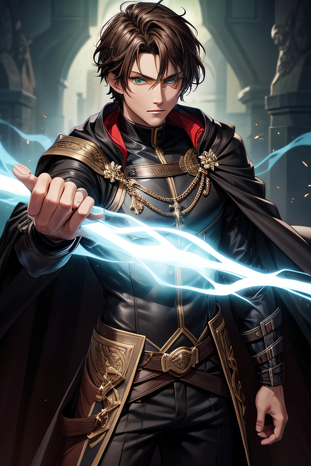 Brown hair man, black cape, black coat, warrior, green eyes