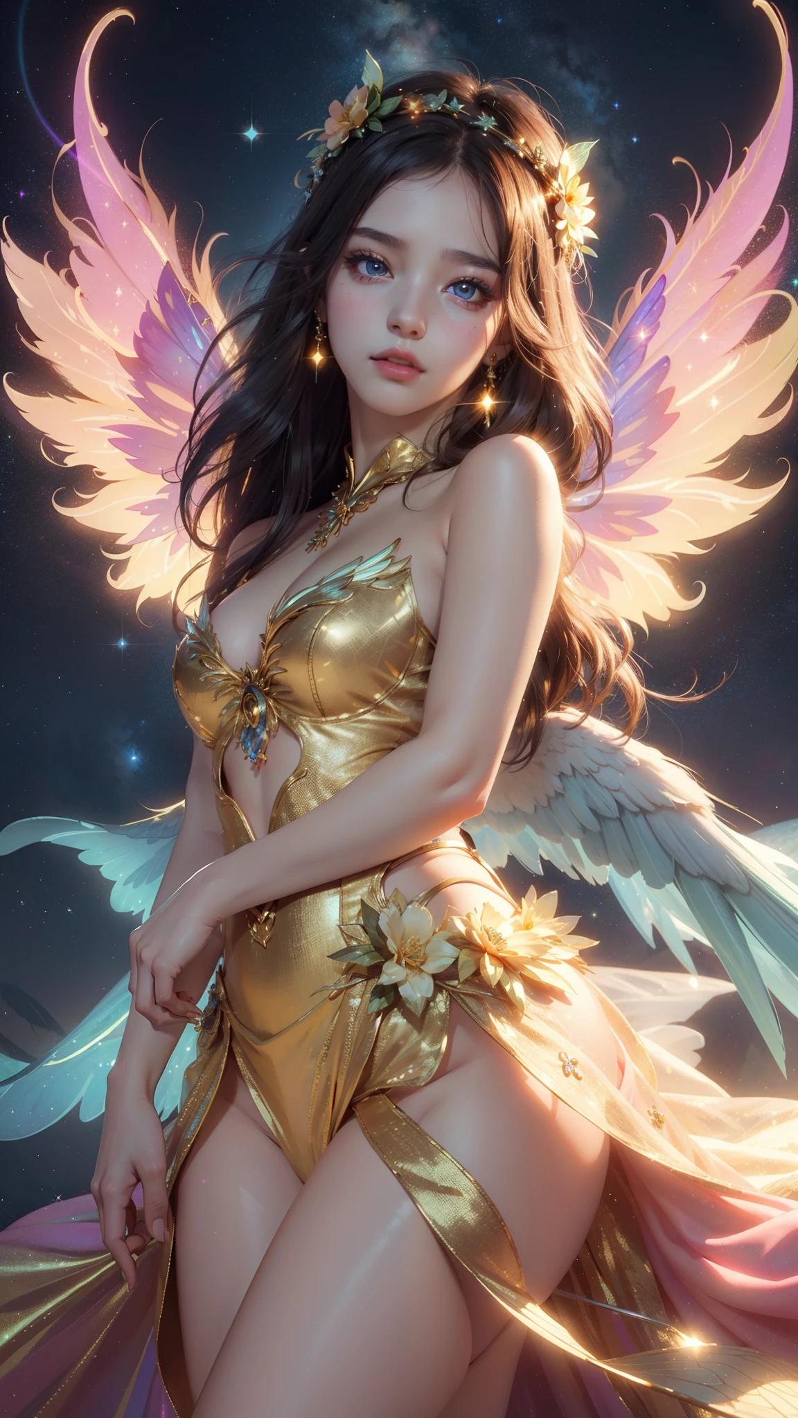 4k ultra hd, masterpiece, a girl, good face, detailed eyes, detailed lips, flower fairy girl, big wings, transparent wings, neon lights, magnificent background, golden dress, bare waist, flower crown, starry sky background, divine light, attractive pose,