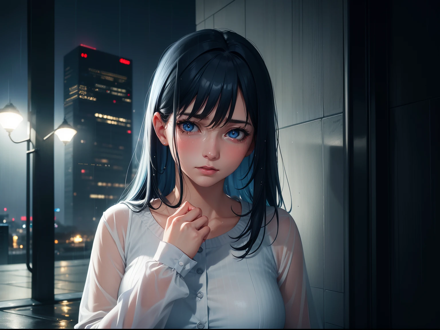 (a girl standing in the heavy rain, night in the yard, lights from skyscrapers), wet character, wet clothes, sad face, tears on her cheeks, sadness on her face, blue hair, blue eyes, white dress, (best quality, 4k, highres, masterpiece:1.2), ultra-detailed, (realistic, photorealistic:1.37), portraits, vibrant colors, soft and warm lighting