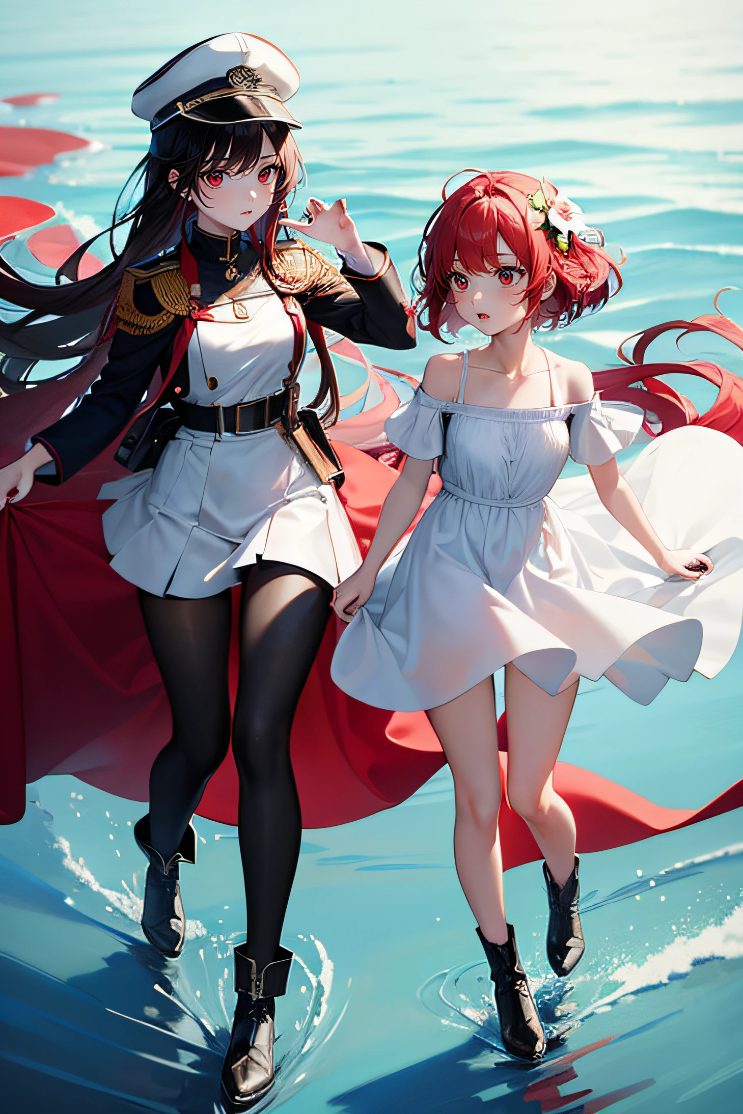 masterpiece, high definition, 2girl, sisters, sibling with red hair and black hair, handing flower, sea, adult, mature, white dress, commander cap, sexy, full body, black boots, red leggings