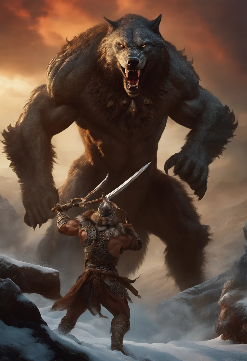 Fierce warriors battle a gigantic wolf-like creature