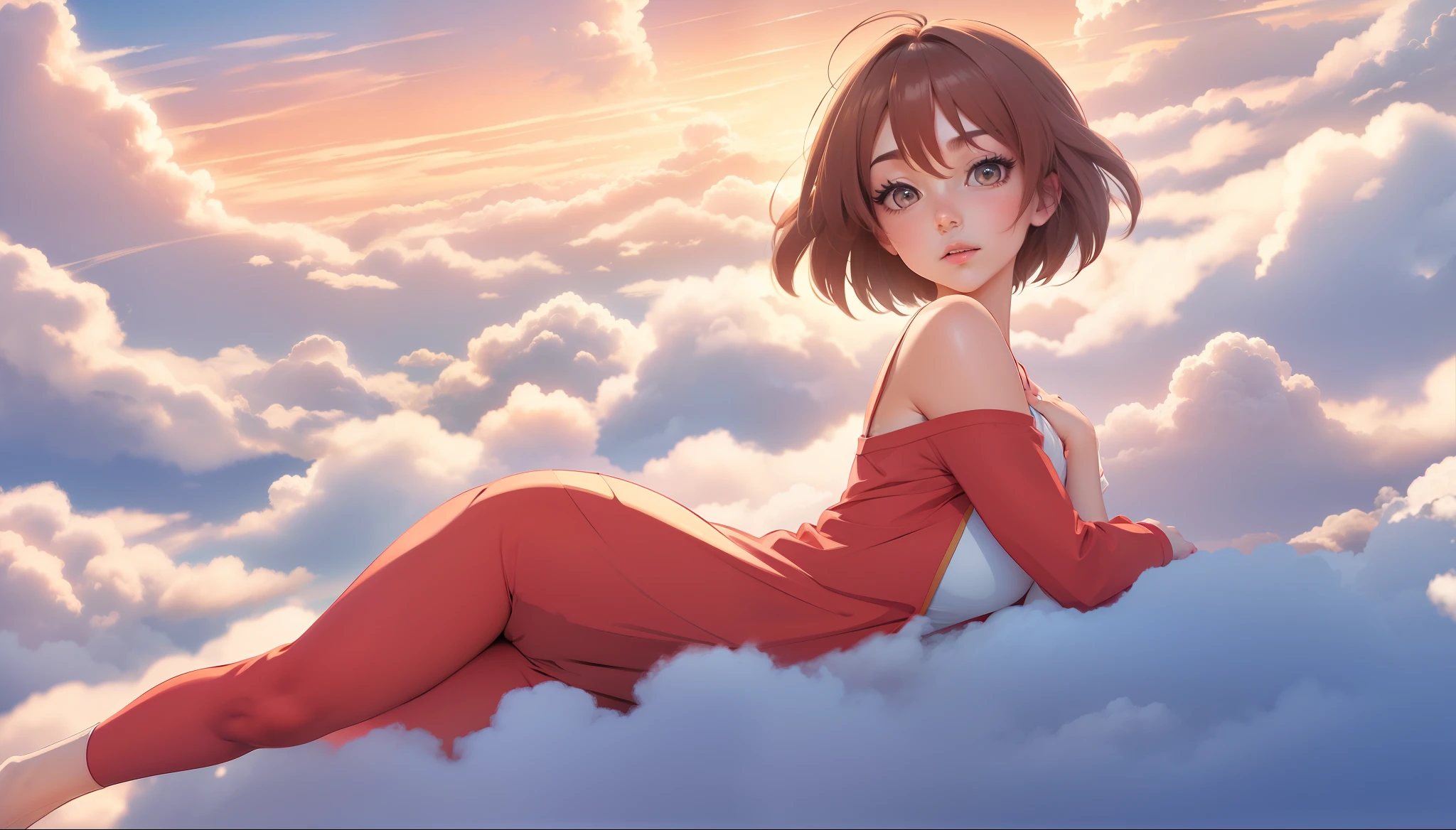 comic strip, mesmerising mature woman lying on beautiful fluffy clouds in the sky, tall woman, (adult woman:1.4), (mature face:1.4), red lipstick, make-up, huge breasts, On thick clouds such as marshmallows, adult pajamas, Detail enhancement, 8K, super-fine, concept-art, number art