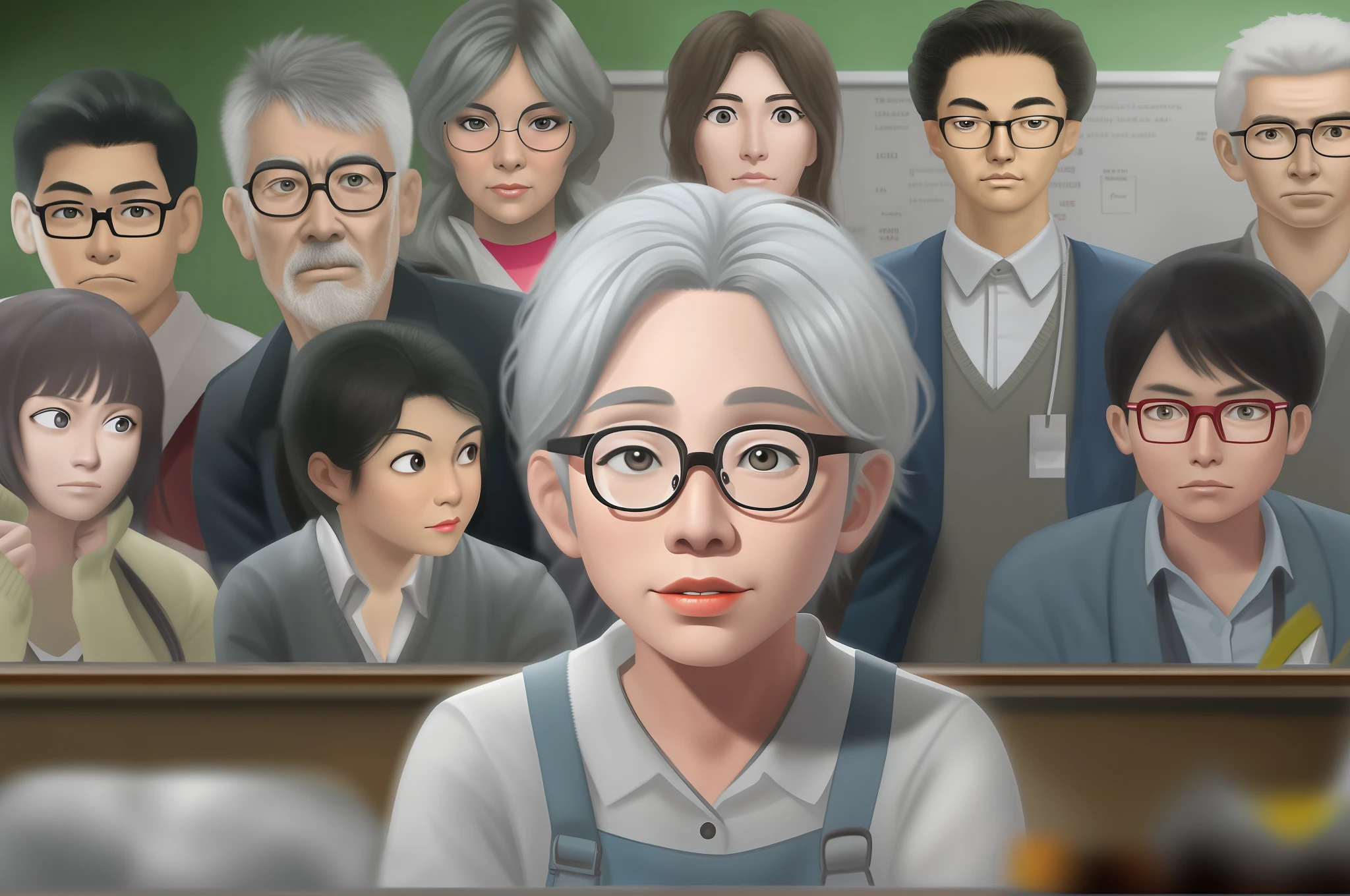 In the classroom，A group of students gathered around the teacher to ask questions，Gray-haired old teacher，Asian people，wears glasses，closeup cleavage，sharp focus on eyes，8K，super-fine，oil painted，Hyper-realistic，best qualtiy