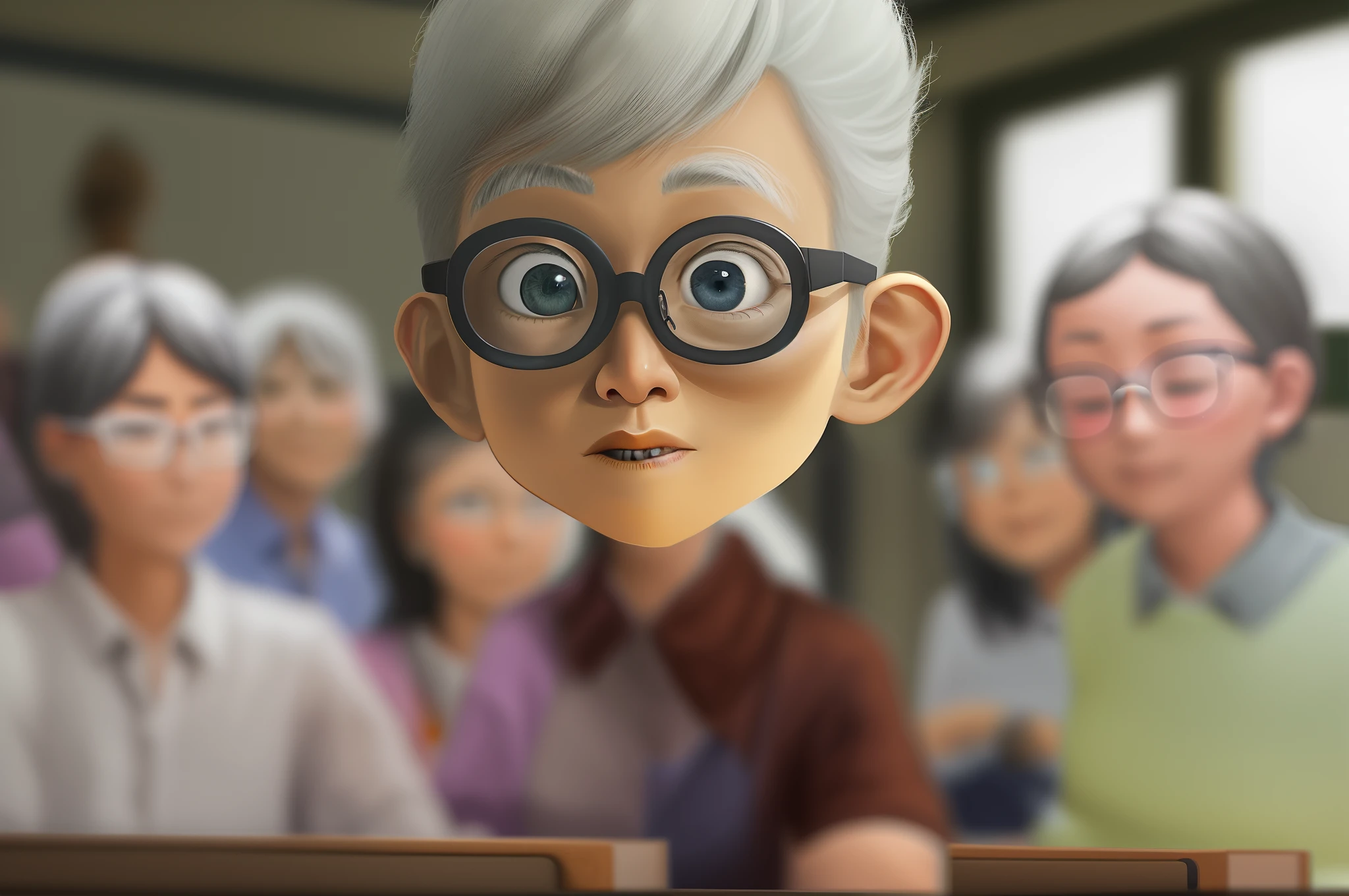 In the classroom,A group of students gathered around the teacher to ask questions,Gray-haired old teacher,Asian people,wears glasses,closeup cleavage,sharp focus on eyes,8K,super-fine,oil painted,Hyper-realistic,best qualtiy