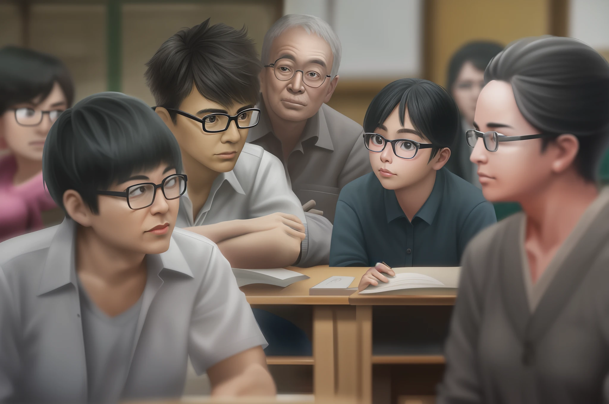 In the classroom,A group of students gathered around the teacher to ask questions,Gray-haired old teacher,Asian people,wears glasses,closeup cleavage,sharp focus on eyes,8K,super-fine,oil painted,Hyper-realistic,best qualtiy