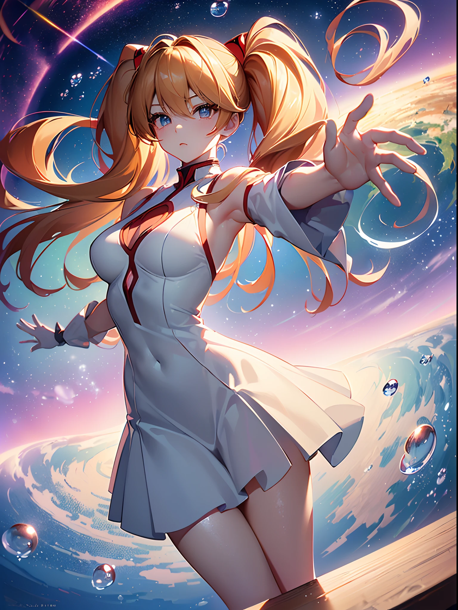 ((souryuu asuka langley,headgear,grey sundress,sexy thighs,golden hair,side twintails)),(Glowing eyes:1.233), diffuse reflection, high-profile, majestic,(outstretched hands,blushing,adorable face,cute face,vulnerable face,bishoujo,kawaii,)(Beautiful and detailed eyes:1.3),(((1girl,solo,)))(Masterpiece,Best quality, offcial art,Target the audience, Beautiful and aesthetic:1.2),(超高分辨率,Golden ratio), (4K),(looking from above,bent over),(((mirrors,))),((squatting:0.7)),Floating hair, (((Blue planet,spiral bubbles,raindrops,rainbow,blooming,glowing light),cinematic lighting,natural lighting,good lighting,ray tracing,Greatest optical vision painting)),(photo maping, Physically-based rendering,automatic white balance),Amazing,Sharp focus,(((holographic))), (((high detailed skin,)))Dynamic lighting,Intricately detailed clothing,Watery eyes,(masterpiece sidelighting),(busty body,a sexy girl,The sheen),[[Delicate fingers and hands:0.55]::0.85],(Detail fingers),((((BREAK,Design an image with a fisheye lens effect, capturing a wide field of view with a distinctive, curved perspective.BREAK,)))Superior photographic quality,((extremely_Detailed_Eyes_and_face)),(Disheveled hair),Movie girl,Brilliant,drifting Nebula,ethereal, glossy ,striking contrast,high saturation