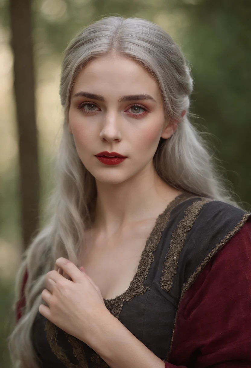 (((A deep red wound streaked across her left cheek))) Fair complexion, A woman around 19 years old, Natural gray hair, Unique green eyes, Wear Cole, Slender and graceful, Beautiful, Candlelight in a medieval setting, super sharp focus, realistic lens, Medieval women's clothing, Four colors (Scar:1.4)