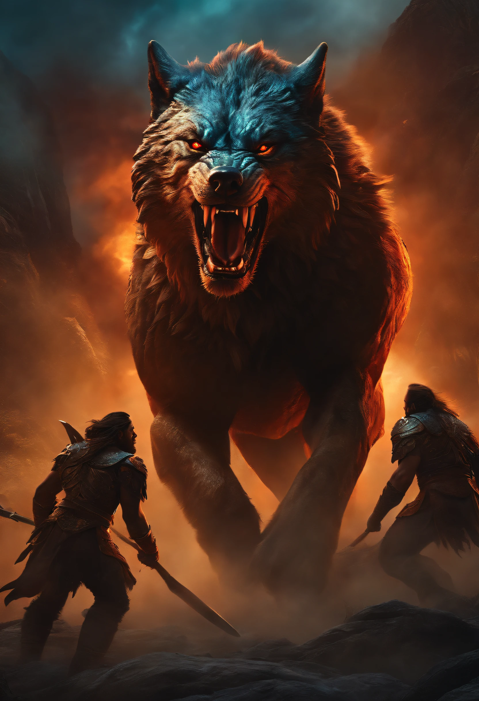 Fierce warriors battle a gigantic wolf-like creature