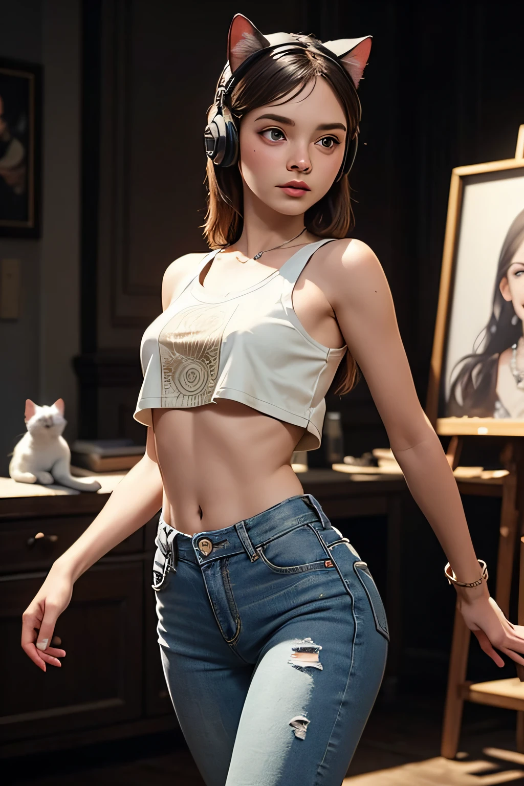 Craft a masterpiece in 8K UHD— an enigmatic female ager with amber eyes, hair streaked like the night. Her slender form dons short jeans, a chic crop top, and playful cat ears. A cat tail sways as she dances, wearing intricate hair ornament and headphones. Highly detailed, sharp focus, profoundly intricate—bring her to life as art