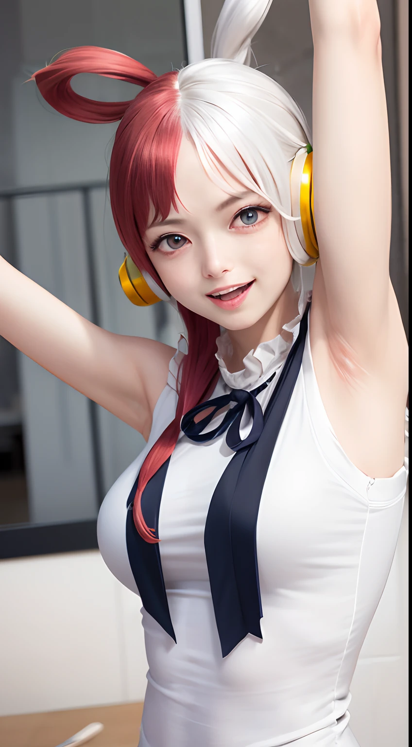 uta \(one piece\),
1girl, :d, arms up, bangs, blue ribbon, diamond-shaped pupils, diamond (shape), hair between eyes, headphones, long hair, multicolored hair, open mouth, purple eyes, red hair, ribbon, shirt, signature, sleeveless, sleeveless shirt, smile, solo, split-color hair, symbol-shaped pupils, upper body, white hair, white shirt