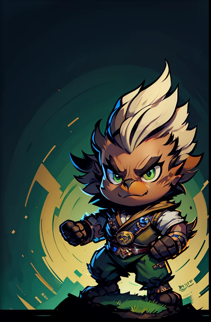 1young eagle,anthropomorphic, warrior, chibi, grey feather, big green eyes, simple dark background,dynamique pose