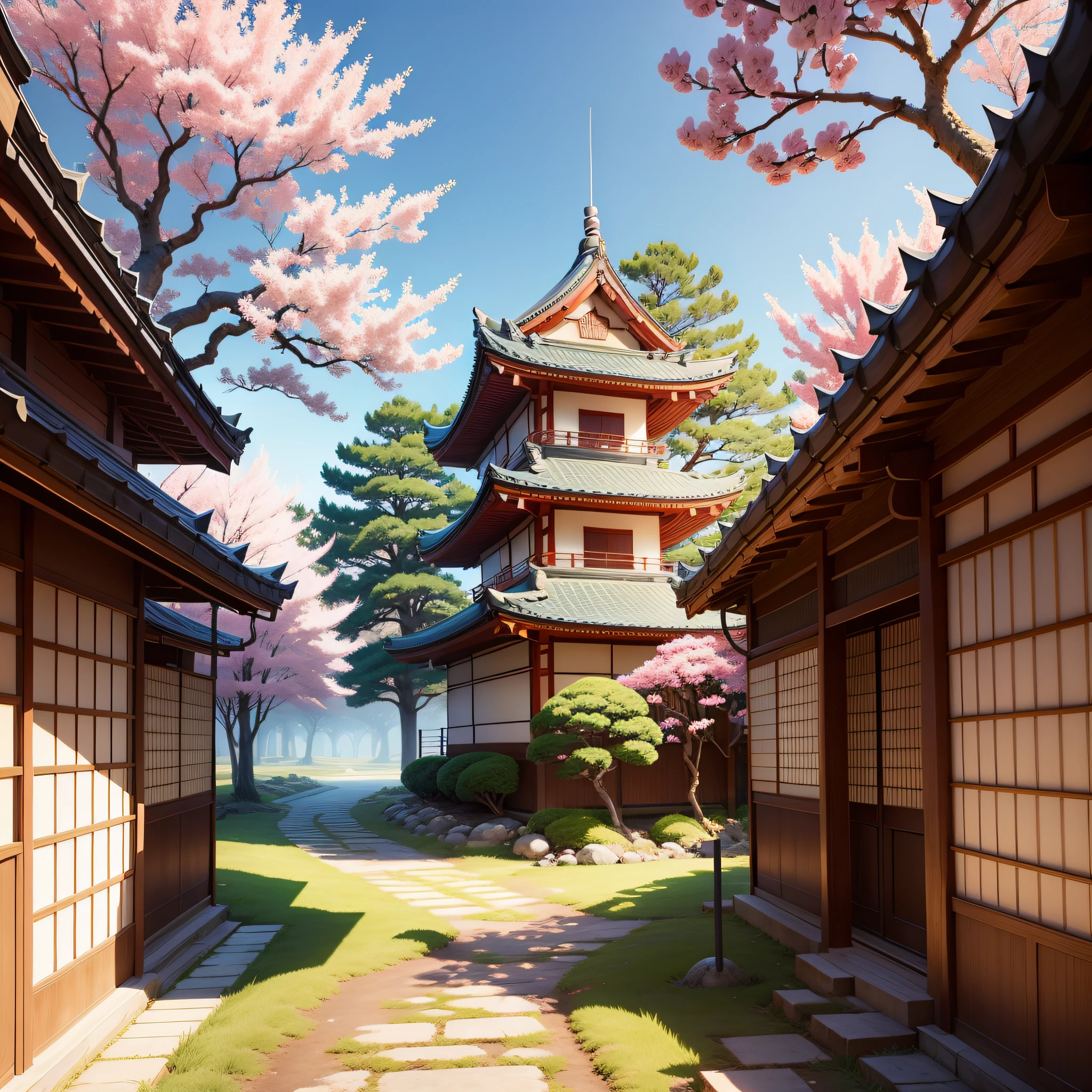 traditional japanese style background, demon slayer style, anime style, bright colors, sakura trees, greenery, sky