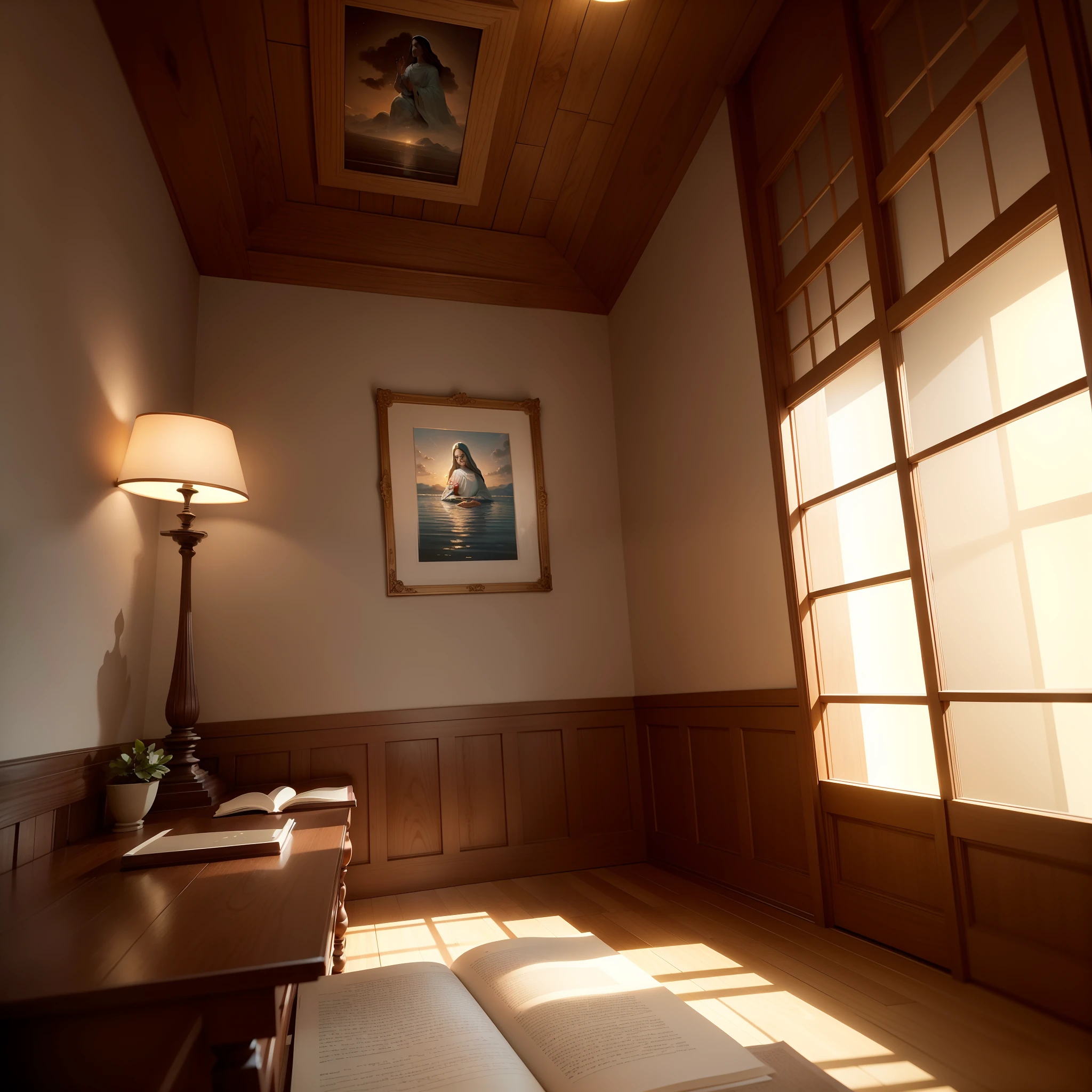 Create an image of a beautiful office space exuding a serene and spiritual ambiance. The room is adorned with a rich wooden desk, on which an open Bible is placed as the centerpiece. Soft, warm lighting illuminates the room, casting a gentle glow on the pages of the Bible. Tall, elegant candles are strategically arranged around the desk, providing a soft flickering light.
On the walls, there are tastefully framed paintings or artwork depicting scenes related to faith, spirituality, or representations of God. These paintings serve as a source of inspiration and reflection.
The room is designed to promote a sense of peace, tranquility, and connection with the divine, making it an ideal place for prayer, meditation, or quiet contemplation.