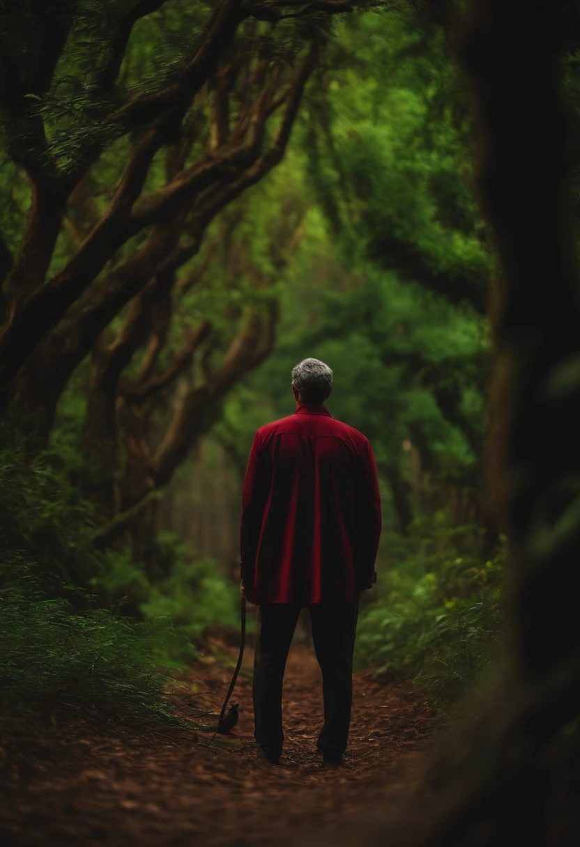 homem em uma floresta escura com uma tocha em chamas na mao