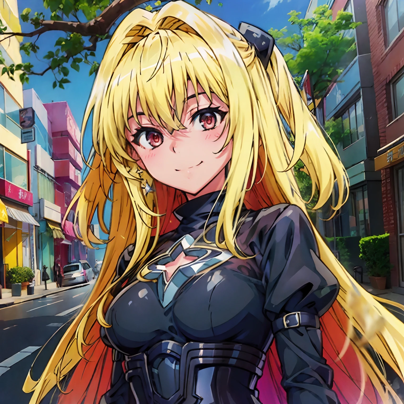 Yami the Golden Darkness as a 35 year old woman, 1girl, wearing full body matte black battle dress with silver accents, 4 sided silver star cutout above bust, messy long yellow hair, cute red eyes, 4K、 masutepiece ,  Smile Day Time , suburban street intersection, Full body portrait , Face Highlights, Auto Adjust, Optimize image quality, 2D anime hand drawn, beautiful SFW, pretty SFW, cute SFW, face fully in frame, Shinkai Makoto art style