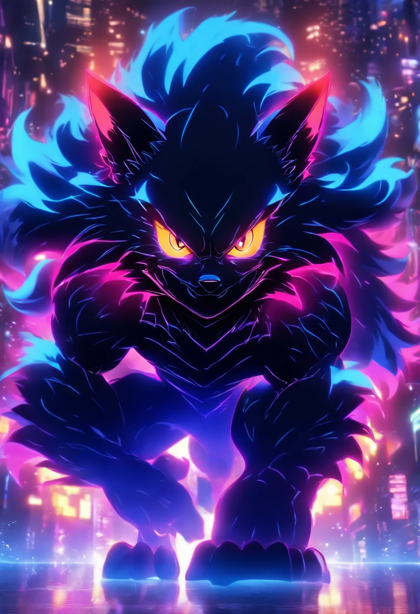 Pokémon based on a dark/fire Maine Coon cat,(dark/psychic type cat pokemon),Maine Coon cat,purple flames,male, second evolutionary stage, quadrupedal, dark appearance,bright purple details on the body, circle of purple flames around, Solo,purple eyes,forest background,night, bright eyes, cute appearance,face with a slutty smile, blushing and an intimidating appearance.(maximum detail , Backlit, 4K)