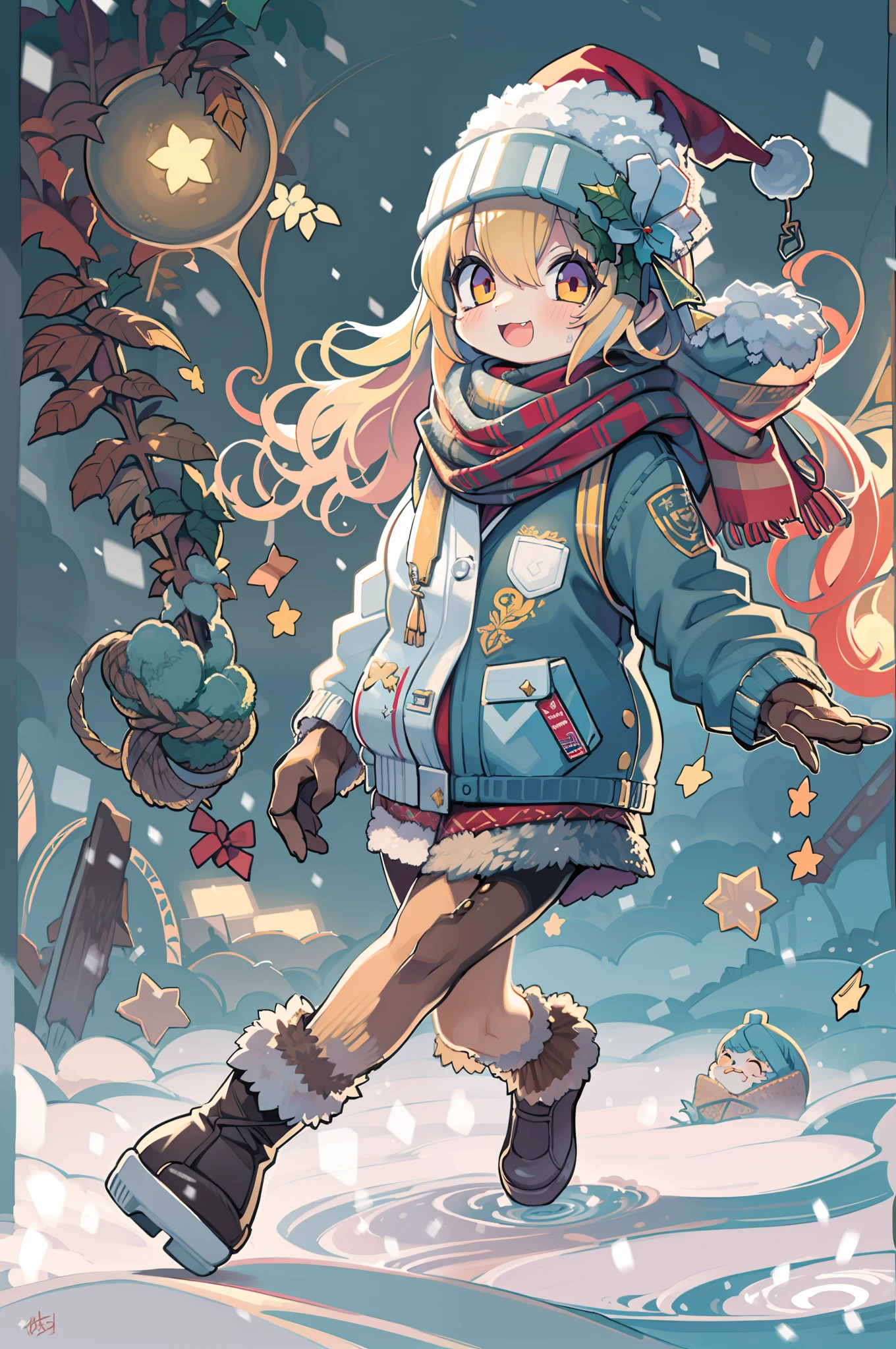 Charming Christmas 12 year old winter, girl with,Cartoon style, 2D, planar vector, Colorful splashes, Vector art, Fantasy Art,Digital Painting, white bg, 8K