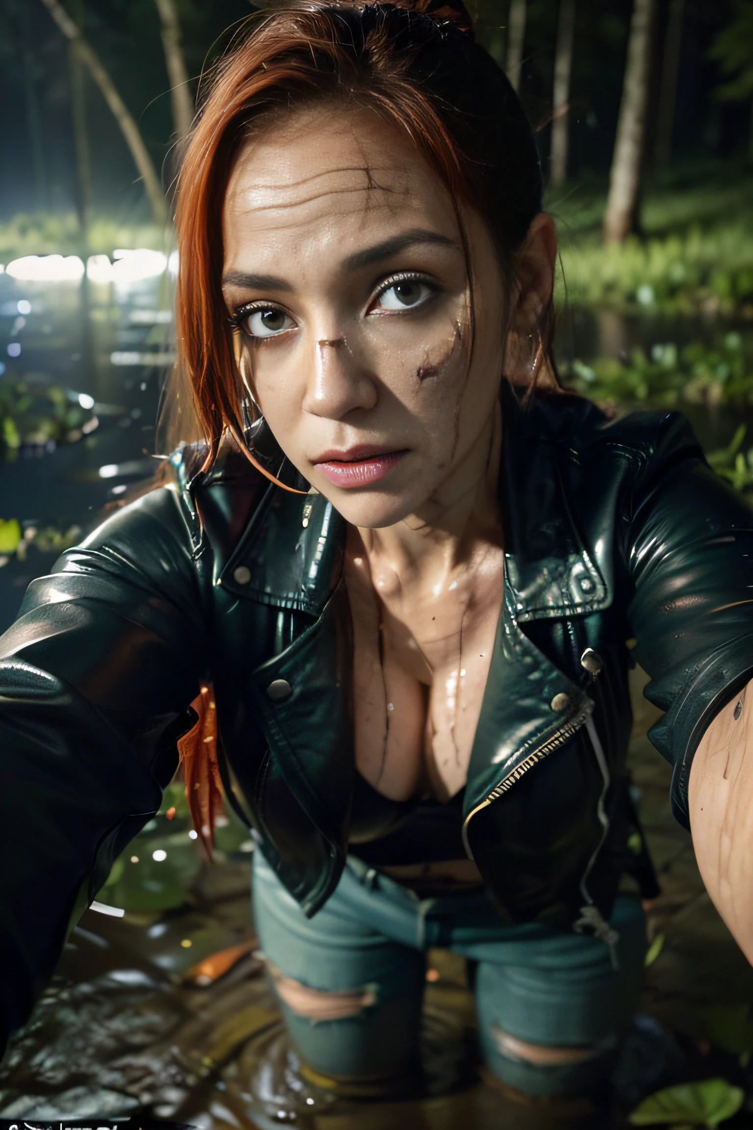 Tormented by lust, Woman in lust-soaked jeans, A tight blouse and leather jacket were caught off guard in the woods at night, indulging in his sexual fetish of drowning in a swamp. Lust causes her to drown in a swamp. Her face is haggard and dehydrated. She is perplexed and looks around in fright. There is pitch darkness all around, The light only comes from the camera's flash.
TAGS: night time, blurred background, (First-person selfie for Instagram:1.7), (Darkness around:1.6), (Light only from the camera:1.6). woods, The woman, (Tormented by lust:1.4), (In lust-soaked jeans), leather jacket, in blouse wearing, swamp, (drowning in a swamp), (Drowning in a nasty swamp up to his thighs:1.8), (Sexual fetish:1.3), fright, stunned, Looking around. (emaciated face:1.6), (dehydrated face:1.6), (swelling of the face:1.6), (Short copper-red hair gathered in a ponytail:1.2),