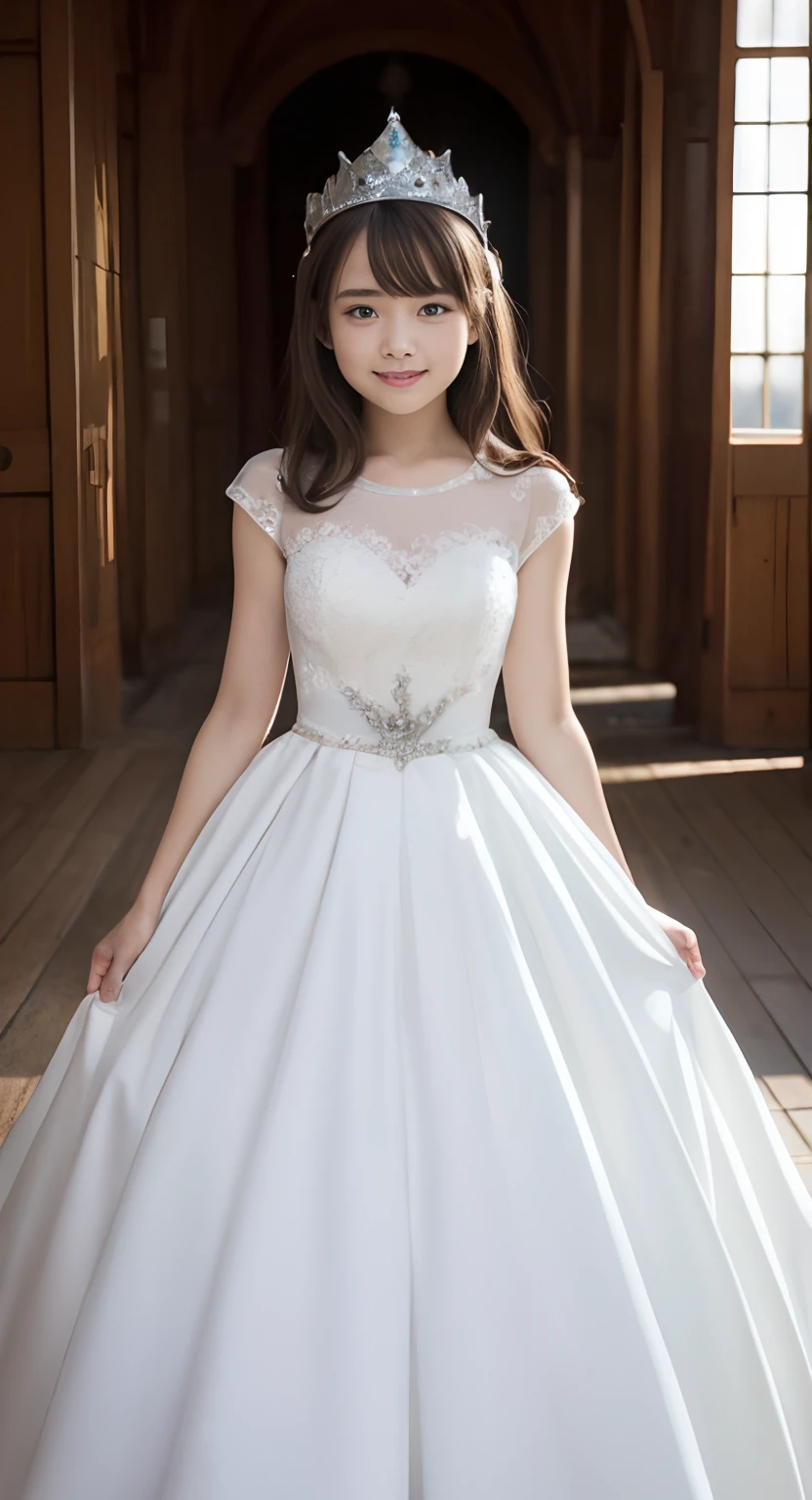(top-quality、masterpiece:1.2)、Best Quality、realisitic、photoshot、hight resolution、1080p、8K、Textured skin、Physical Rendering、1 Japan Girls、a 、kawaii、Young Face、Rolled hair、(White Princess Dresses:1.5)、in a castle、up of face、full of shyness、smil、Big