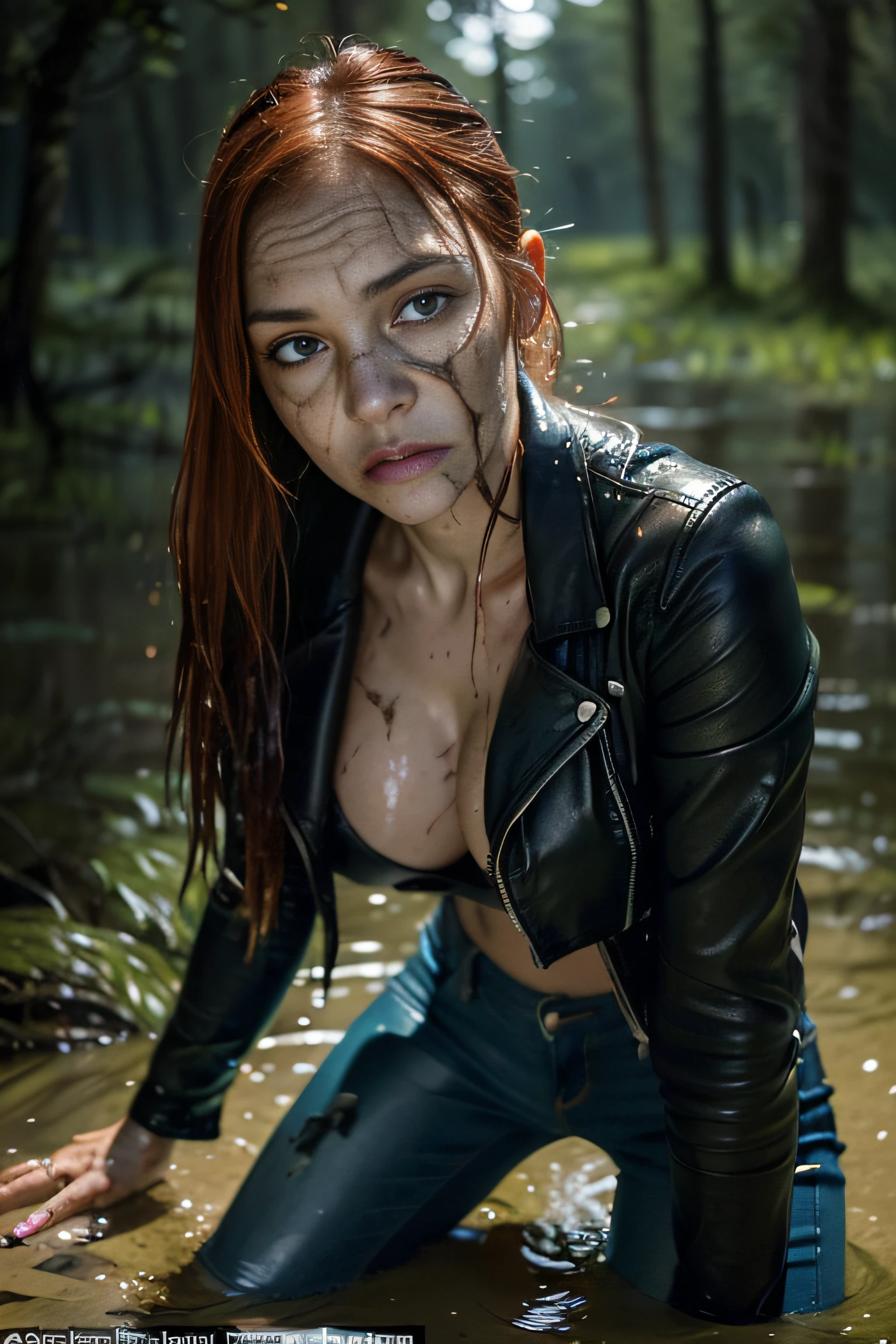 Tormented by lust, Woman in lust-soaked jeans, A tight blouse and leather jacket were caught off guard in the woods at night, indulging in his sexual fetish of drowning in a swamp. Lust causes her to drown in a swamp. Her face is haggard and dehydrated. She is perplexed and looks around in fright. There is pitch darkness all around, The light only comes from the camera's flash.
TAGS: night time, blurred background, (First-person selfie for Instagram:1.7), (Darkness around:1.6), (Light only from the camera:1.6). woods, The woman, (Tormented by lust:1.4), (In lust-soaked jeans), leather jacket, in blouse wearing, swamp, (drowning in a swamp), (Drowning in a nasty swamp up to his thighs:1.8), (Sexual fetish:1.3), fright, stunned, Looking around. (emaciated face:1.6), (dehydrated face:1.6), (swelling of the face:1.6), (Short copper-red hair gathered in a ponytail:1.2),
