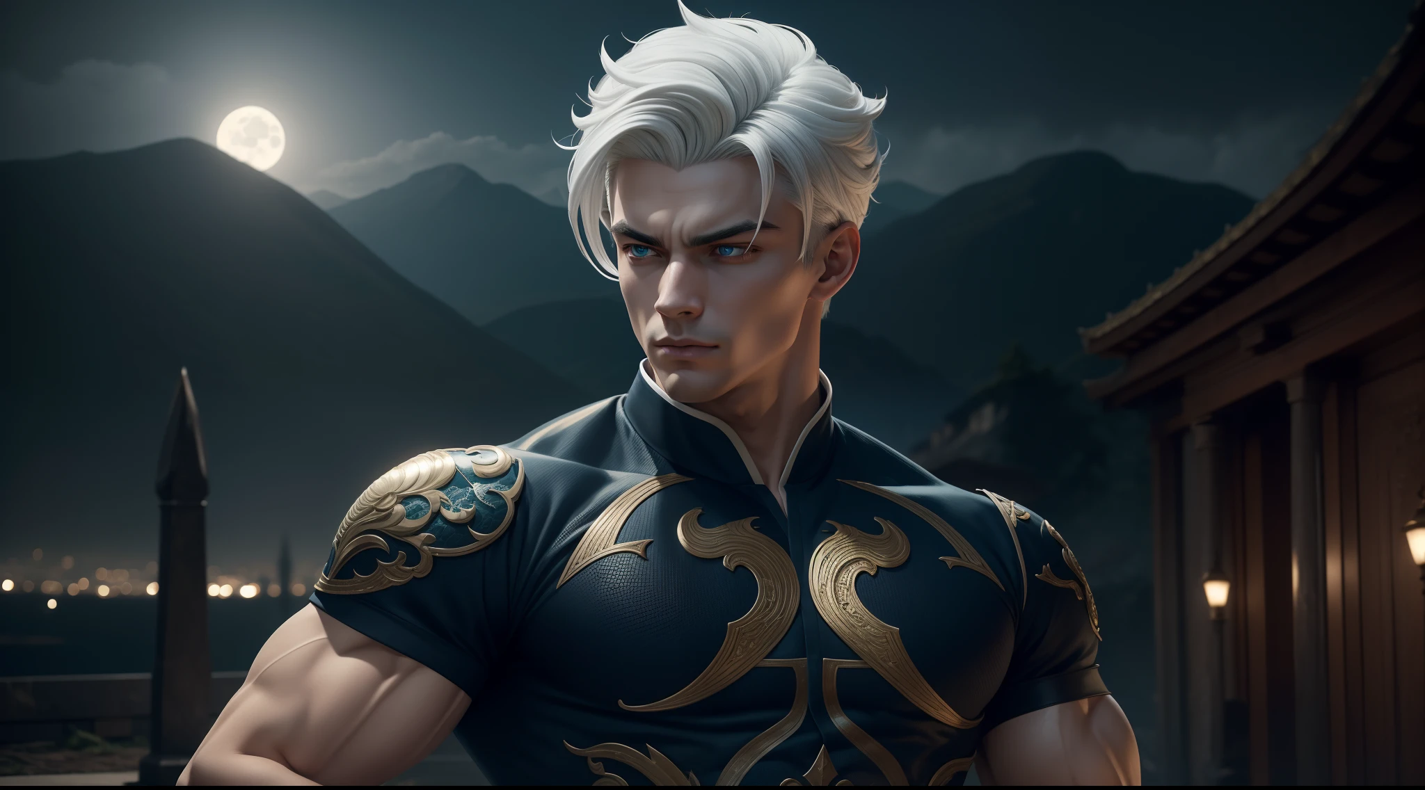 A true masterpiece of masculine beauty. Garrou, 20 years old, Wears a martial arts outfit and fights in a haunted and abandoned city. Moonlight accentuates muscles just right. The landscape is lush and mysterious, with a dark city. The camera details everything. When looking at beautiful eyes, attractive blue eyes facing the viewer, one can clearly see every small detail, every perfect line, every detail of beautiful 8K quality skin, everyone is captivated by the beauty. Confidence radiates from every look. His head has white hair and his face is meticulously detailed in 8K quality images. Is a character in the Dragon Ball Seven series.​