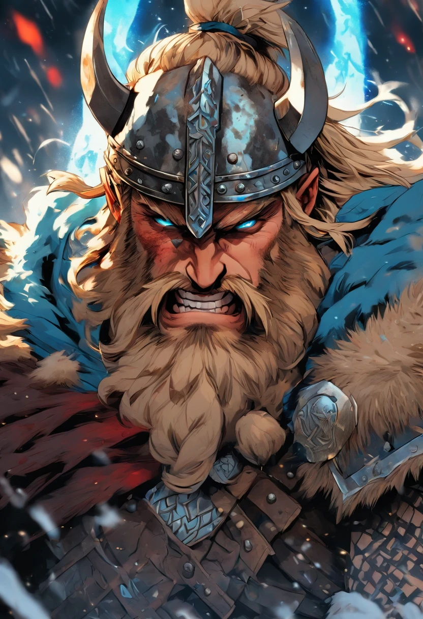 The most vicious viking warrior king, blonde hair, glowing blue eyes, highly detailed viking battle armor, holding a battle axe, tattoos and piercings, blood splattered, post apocalyptic winter world, perfect masterpiece, high quality, high resolution