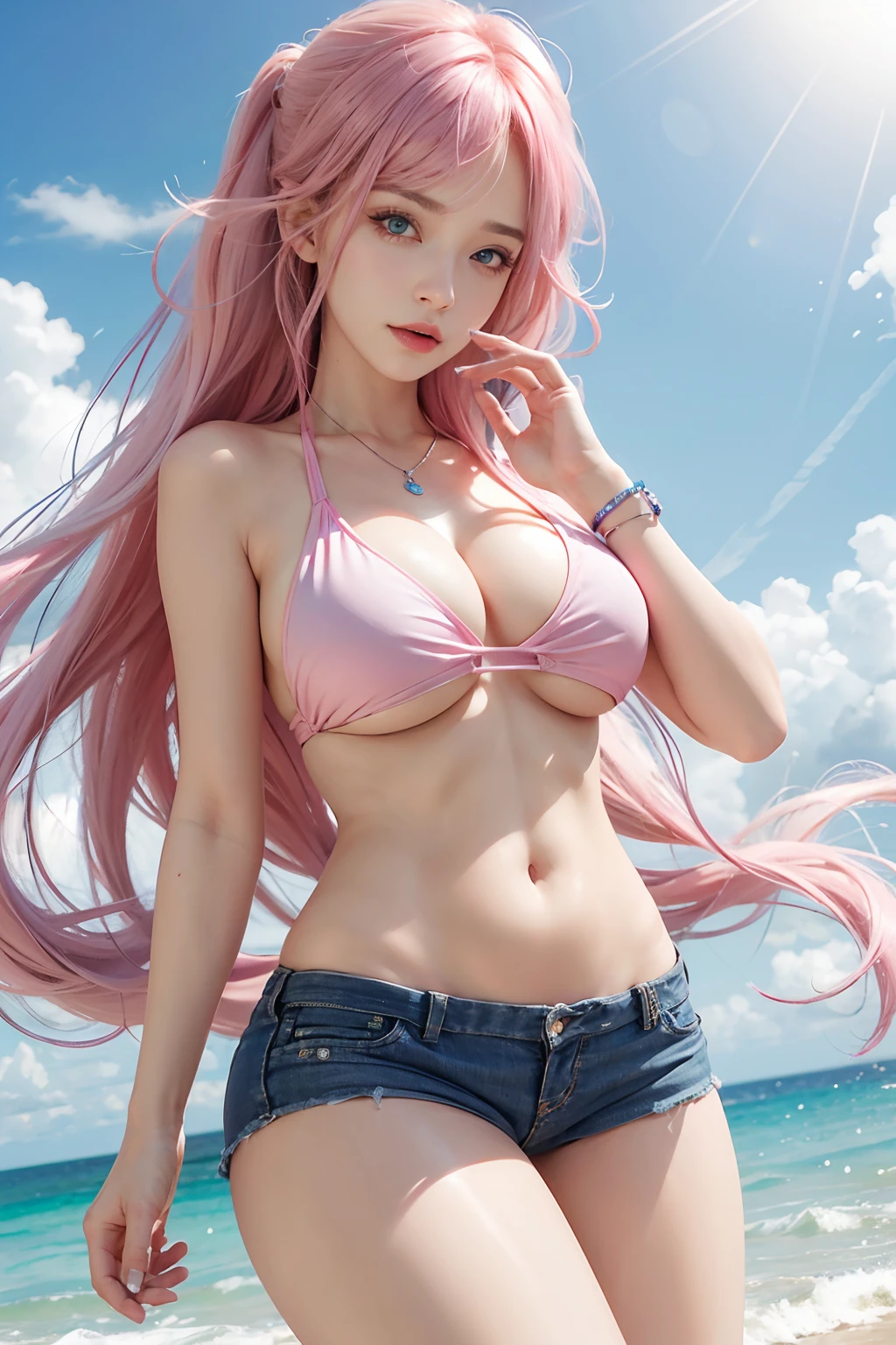 1girl sexy,big boobs,pink hair,blue ayes,high res,hyper realistis, ultra detail