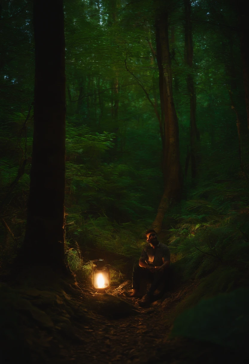 homem com luz na mao, floresta escura, noite,