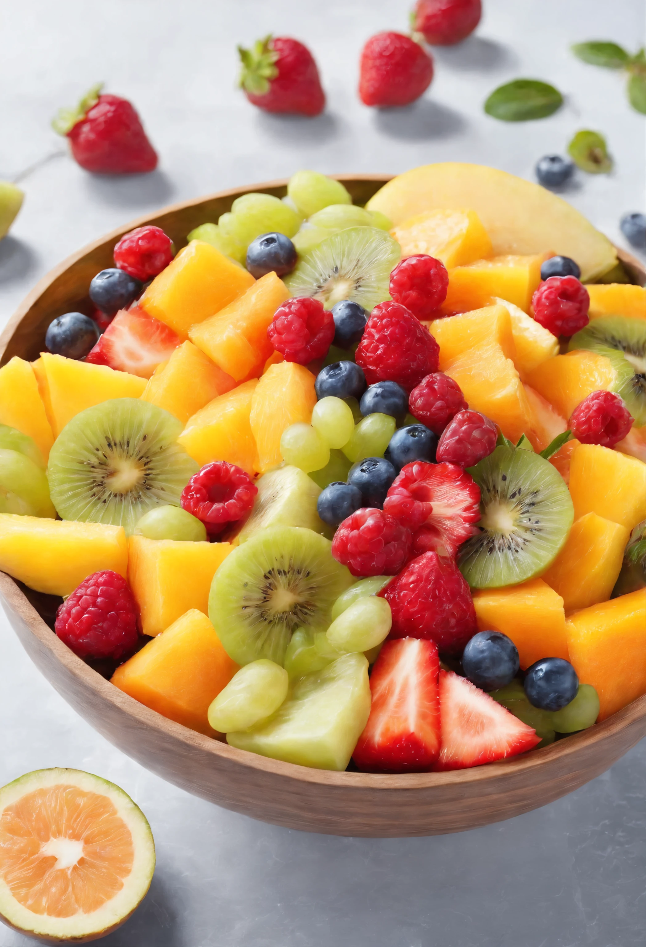 Delicious fruit salad, Cinematic, Professional photography, studio lightning, Background of the studio, Advertising photography, intricate details, hyper-detailed, ultra realistis, 8K UHD, Consistent image