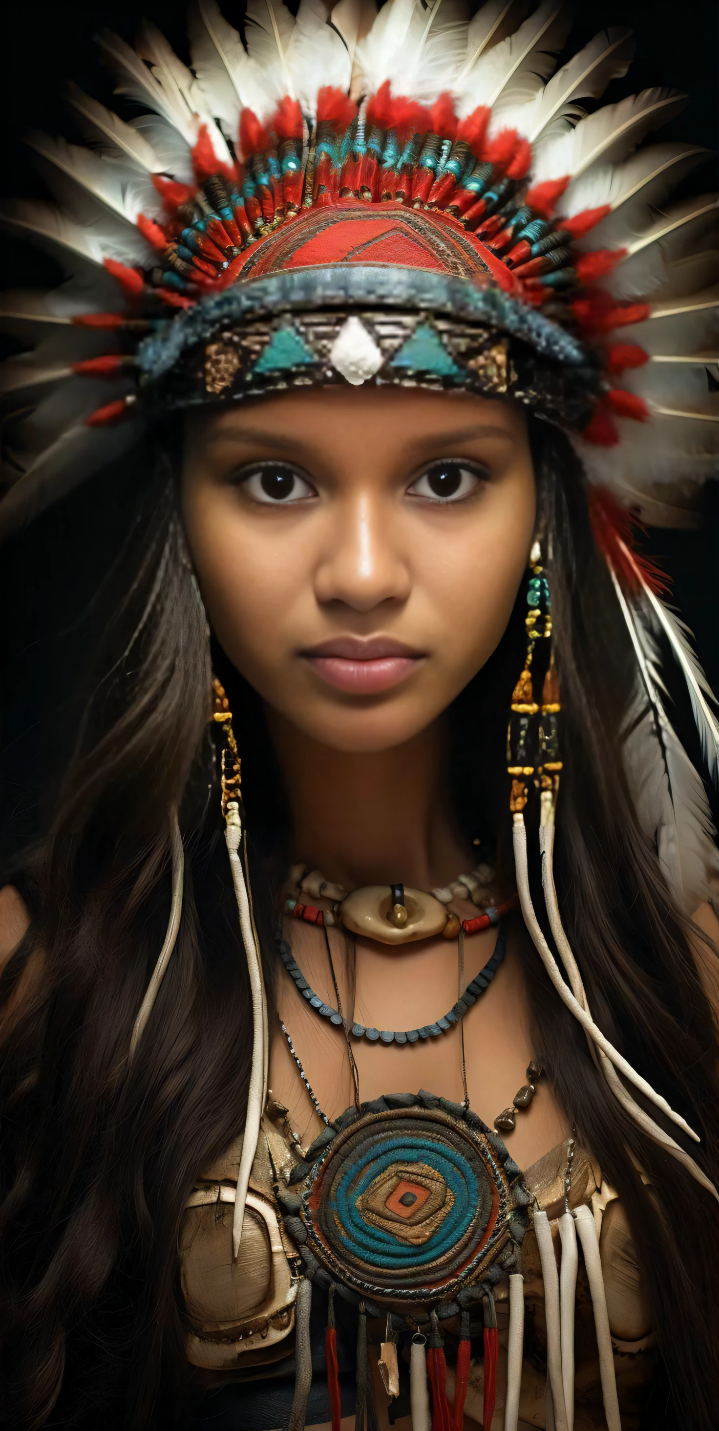 um close up de uma mulher usando um cocar e um colar, Retrato de uma jovem Pocahontas, Nativo americano, Indian girl with brown skin, usando uma gargantilha nativa americana, Retrato da princesa asteca, Retrato de Pocahontas, INDIAN, mulher linda, Pocahontas, : native american shamen fantasy, amazon indian peoples in brazil