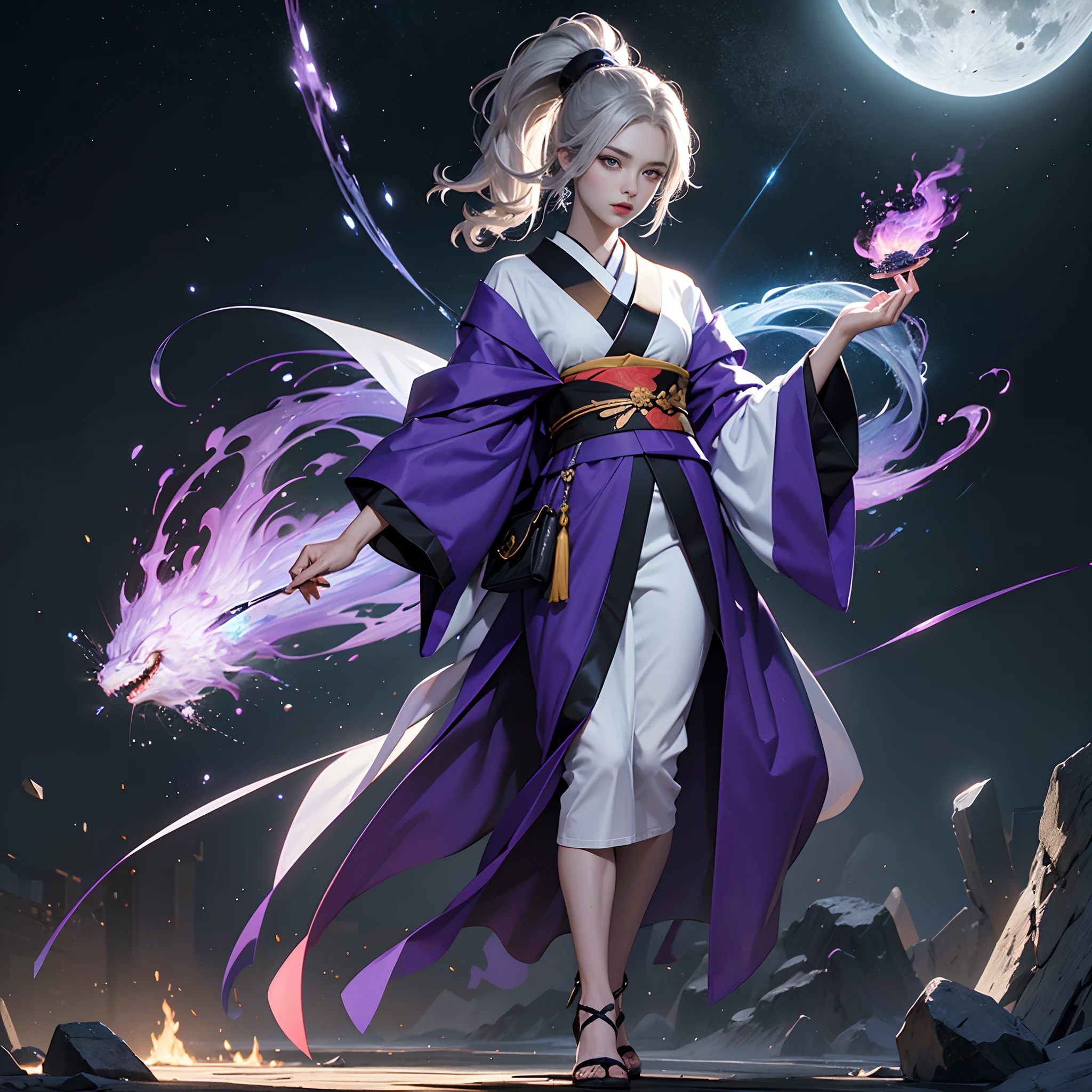 watching at viewers、odd eye、Wearing a gorgeous black kimono、Infinitely low exposure、8kAnime Artwork、Fantastic worldview、Background Ancient capital、Moonlit Night Background、full body Esbian、Colored inner hair, Grey Hair, Ponytail, Shiny hair, shairband, Mismatched pupils, Hyper-Realism, Verism, Realism, depth of fields, Cinematic lighting, Purple Thunder, Ray tracing, Wide Shot, F/16, nffsw, high details, High quality, Textured skin, 8K, Best Quality, hight resolution