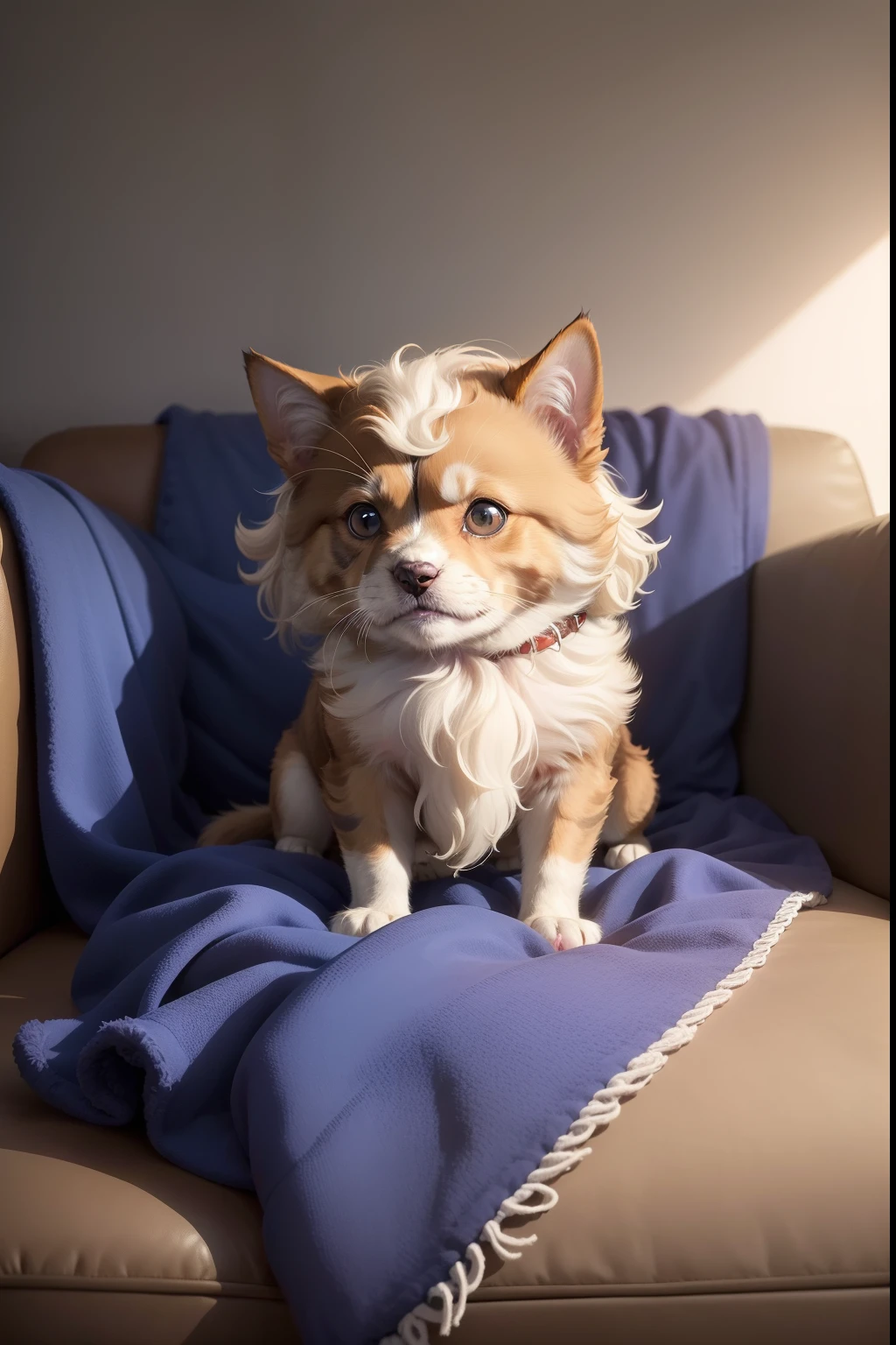 There is a small dog sitting on a blue sofa with a blanket, poofy, scruffy looking, cute furry needs your help, bulli, (((rusty))), very silly looking, filthy matted fur, 2 years old, looking partly to the left, Matt Brown Farr, cat dog teddy mix, Bella, covered in matted fur, retired barney