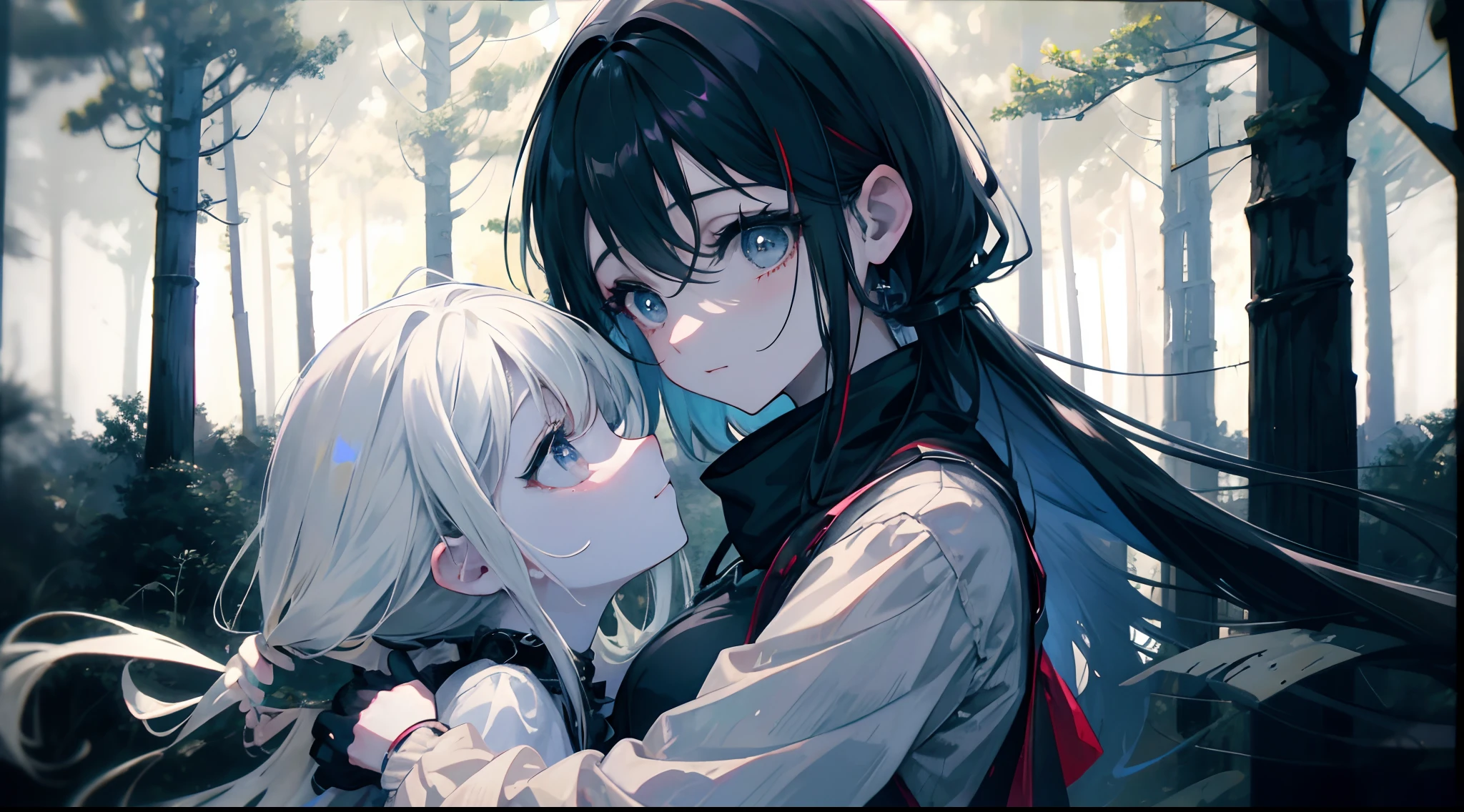 happy girl tying upp terrified petit human girl, full body, in dark house, ambient forest outside, 2 girls, multipel girls, masterpiece, 8k, semi-realistic ,RTX, shaders, brilliant texture work,