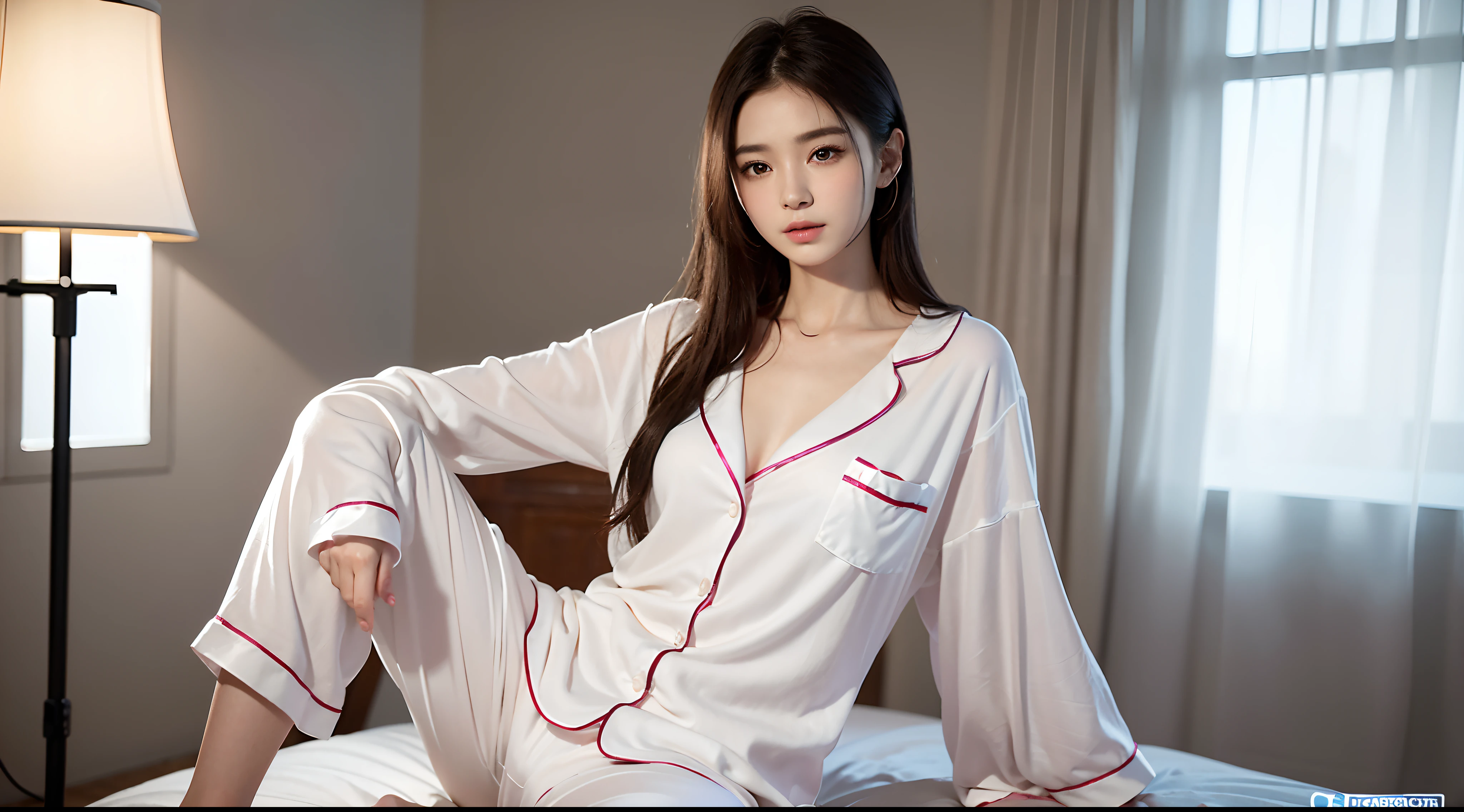 Surreal 8K CG，perfect faces，Impeccable perfection，ren，tmasterpiece，professional artwork，famous artwork，Innocent 14-year-old girl、((Wear ultra-thin cotton pajamas))、Wear small panties、Sitting in the room、A Smile、Raw foto, (8K、Top  Quality、​masterpiece:1.2)、(delicate detail:1.4)、(Photorealcitic:1.4)、octan render、Complex 3D rendering, Ultra-detail, Studio Soft Light (Studio Soft Light) (Studio Soft Light (Studio Soft Light)), Rim Light, vibrant details, Super detailing, Realistic Skin Textures, Detail Face, Beautiful detail eyes, Highly detailed CG Unity 16k wallpapers, Makeup-, (detailed background:1.2), shinny skin、turned around、exposed thighs!!!、