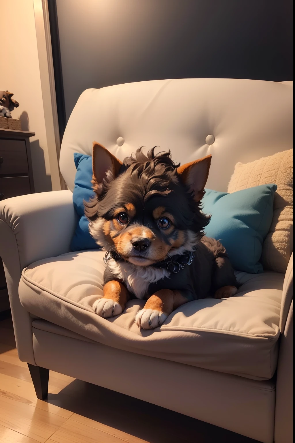 There is a dog sitting on a blue sofa with a blanket, poofy, scruffy looking, cute furry needs your help, bulli, (((rusty))), very silly looking, filthy matted fur, 2 years ing partly to the left, Matte brown fur, cat dog teddy mix, Bella, covered in matted fur, retired barney