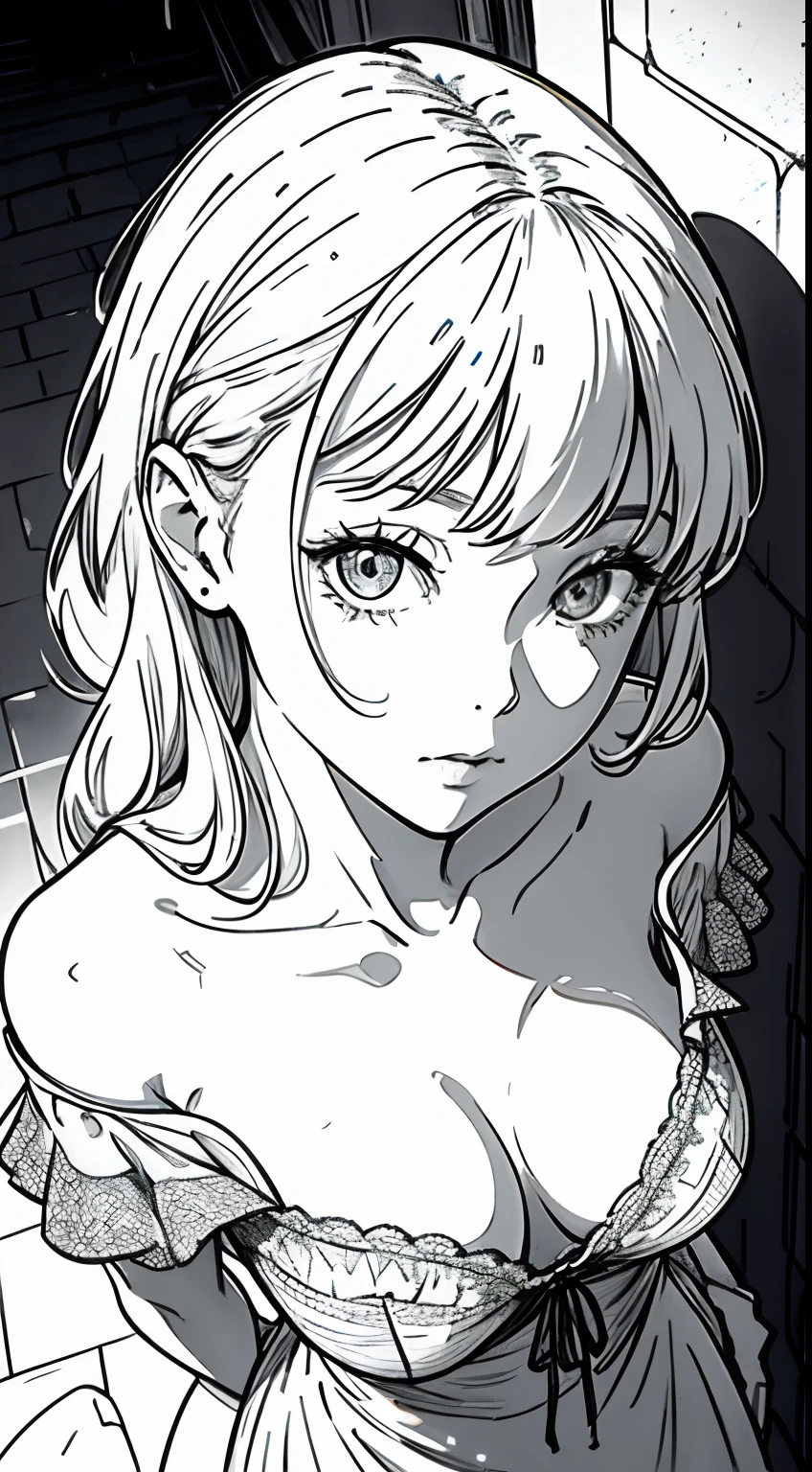 Shot from above、Monochrome tone、High Detail、Edge Detection、sharpness、High contrast、Highlight、A beautiful young girl、a small face、a small face、cleavage of the breast、NSFW, Off-the-shoulder dresses、simple dress、Rim Lights、Cinematic Light、ultra-wide-angle.