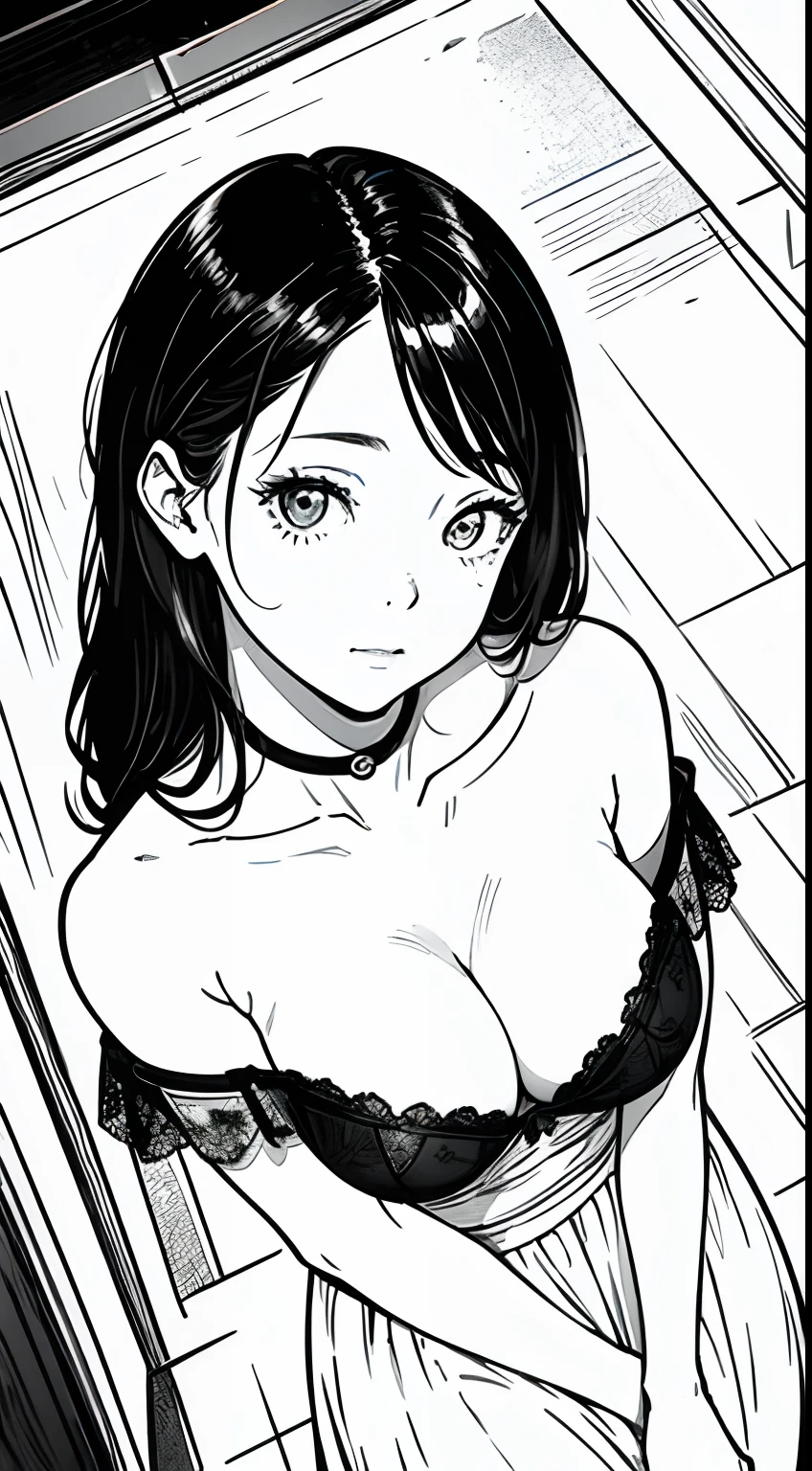 Shot from above、Monochrome tone、High Detail、Edge Detection、sharpness、High contrast、Highlight、A beautiful young girl、a small face、a small face、cleavage of the breast、NSFW, Off-the-shoulder dresses、simple dress、Rim Lights、Cinematic Light、ultra-wide-angle.