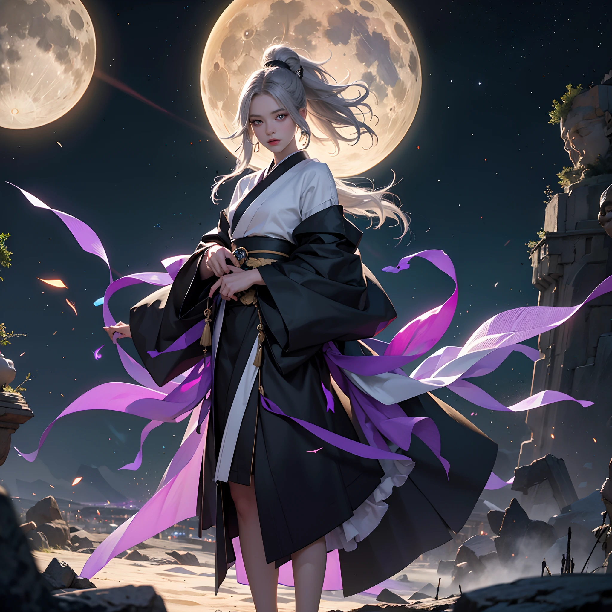 watching at viewers、odd eye、Wearing a gorgeous black kimono、Infinitely low exposure、8ｋAnime Artwork、Fantastic worldview、Background Ancient capital、Moonlit Night Background、full body Esbian、Colored inner hair, Grey Hair, Ponytail, Shiny hair, shairband,  Mismatched pupils, Hyper-Realism, Verism, Realism, depth of fields, Cinematic lighting, Purple Thunder, Ray tracing, Wide Shot, F/16, nffsw, high details, High quality, Textured skin, 8K, Best Quality, hight resolution