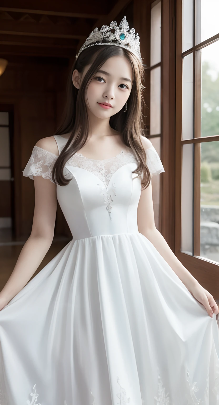 (top-quality、masterpiece:1.2)、Best Quality、realisitic、photoshot、hight resolution、1080p、8K、Textured skin、Physical Rendering、1 Japan Girls、a 、kawaii、Young Face、Rolled hair、(White Princess Dresses:1.5)、in a castle、up of face、full of shyness、smil、Big
