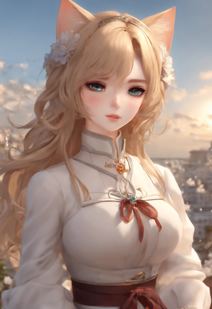 anime, Orelhas de gato roxas, cabelos longos, roupas bonitas, Estilo Guvez, Clareza 4K, cgStation Pop |, Arquitetura antiga, Meninaora, atraente, Genshin Keru, estilo anime, 8k, mulher bonita do anime, Frente da menina.