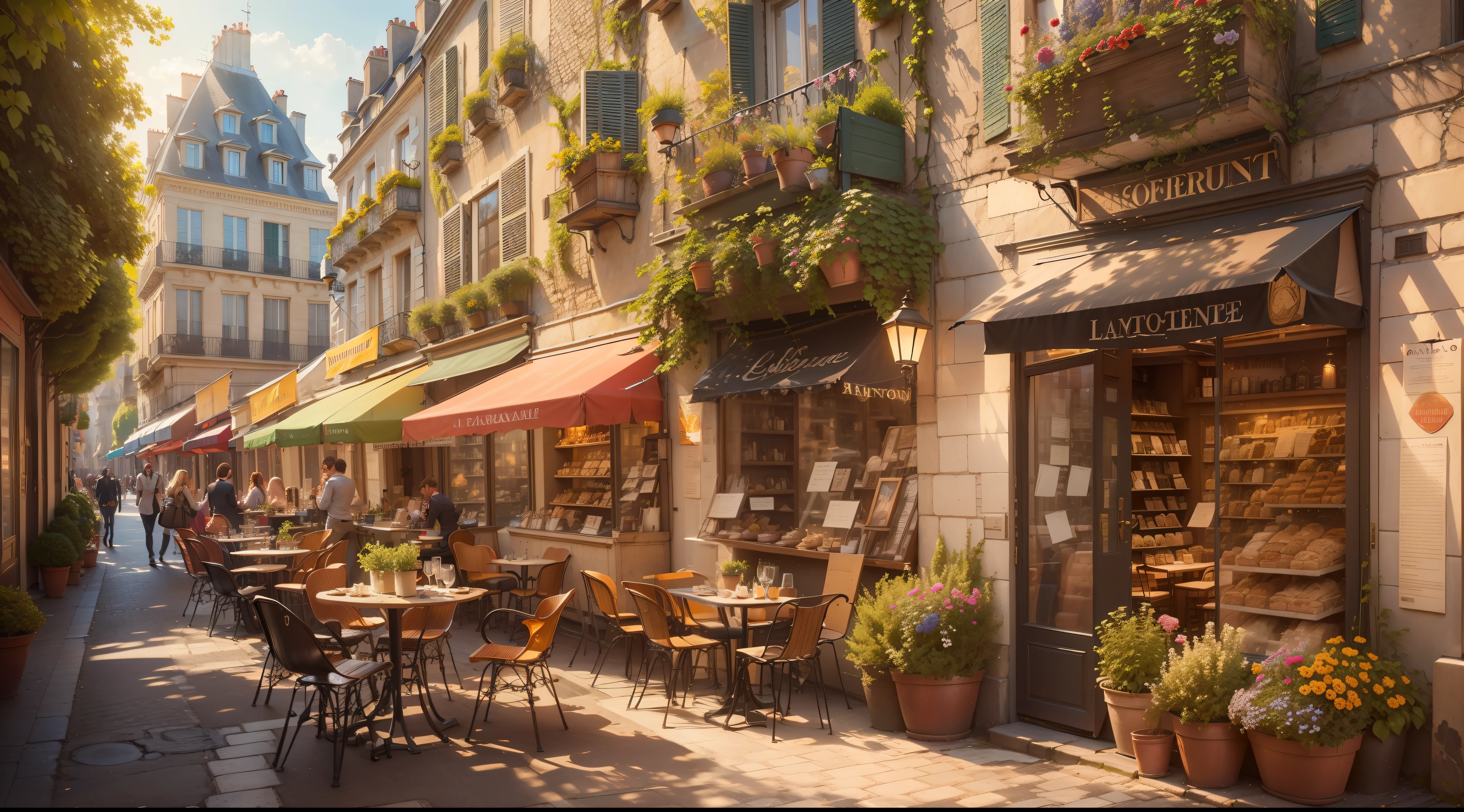 a beautiful street in Paris, charming cafes and patisseries, Eiffel Tower in the background, cobblestone streets, vintage architecture, romantic atmosphere, vibrant colors, natural sunlight, bustling crowds, elegant fashion, artists painting on the streets, floral decorations, sidewalk bistros, stylish locals, picturesque river views, French culture, famous landmarks, narrow alleyways, Parisian charm and sophistication, outdoor markets, art galleries, accordion music, leisurely walks along the Seine River, iconic bridges, delicious pastries and coffee, romantic gardens, scenic rooftops, historical monuments, fashion boutiques, street performers, classic cars, vintage street lamps, outdoor cafes, bohemian art scene, lively nightlife, fashion-forward individuals, love locks on bridges, Parisian patios, scenic viewpoints, hidden courtyards, the aroma of fresh baguettes and croissants, vintage bookstores, artistic graffiti, ornate balconies, secret passages, vibrant street art, classic French cuisine, chic shopping districts, charming neighborhoods. (best quality,4k,8k,highres,masterpiece:1.2),ultra-detailed,(realistic,photorealistic,photo-realistic:1.37),HDR,UHD,studio lighting,ultra-fine painting,sharp focus,physically-based rendering,extreme detail description,professional,vivid colors,bokeh,portrait,landscape,photography.