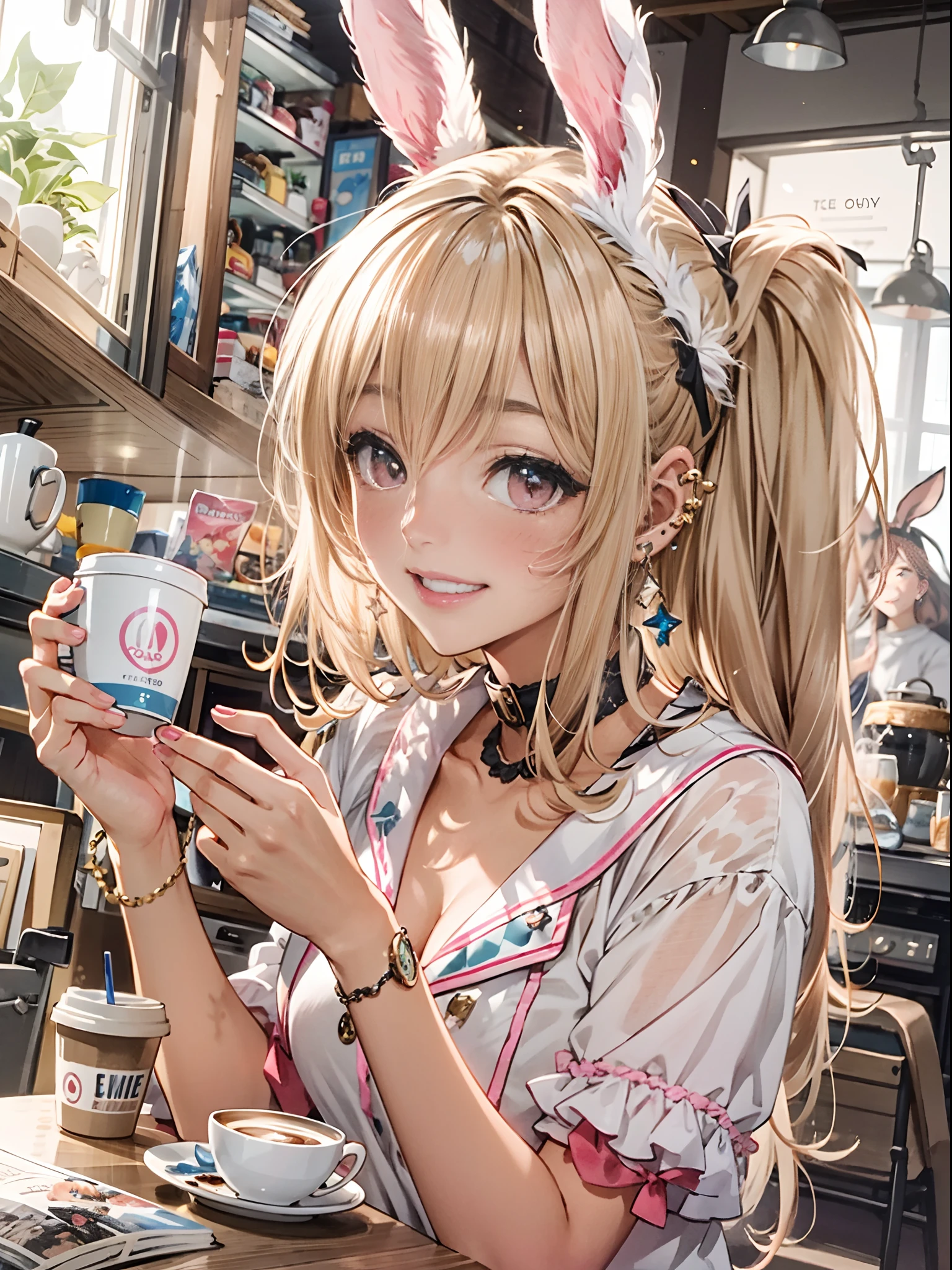 cinematic angle,(dark skin), (pink eyes), ((gyaru fashion)), piercings, {best quality}, {{masterpiece}}, {highres}, original, extremely detailed 8K wallpaper, 1girl, {an extremely delicate and beautiful},ray tracing,coffee house,(magazine cover),(bunny girl),solo,bunny_ears,hime_cut,blonde_hair,,smile,Bunny Girl,(all fours)