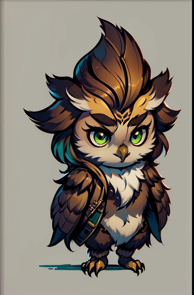 1young owl,only feather, no clothe, chibi, anthropomorphic, grey or brown feather, big green eyes, simple dark background,