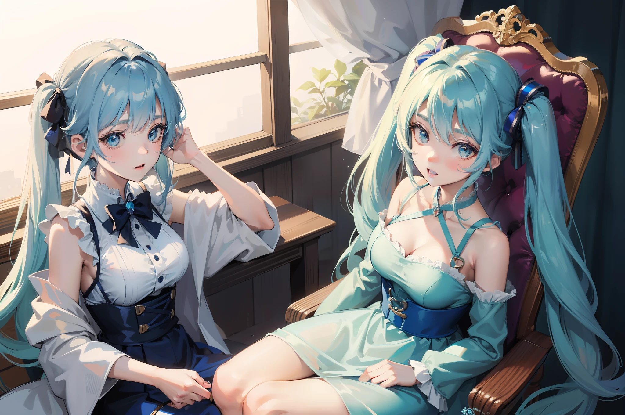 ((Best quality)), anime girl with long light blue hair and blue dress sitting on a chair, anime moe art style, twintails