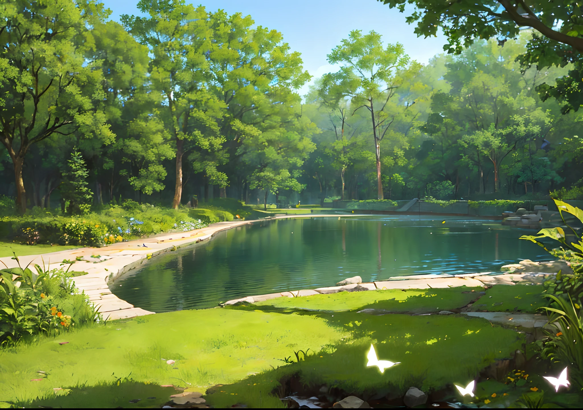 A forest covered with a wonderful green carpet, a paradise of colorful flowers, tall trees, chirping birds, mottled butterflies, flowing water, clear skies,