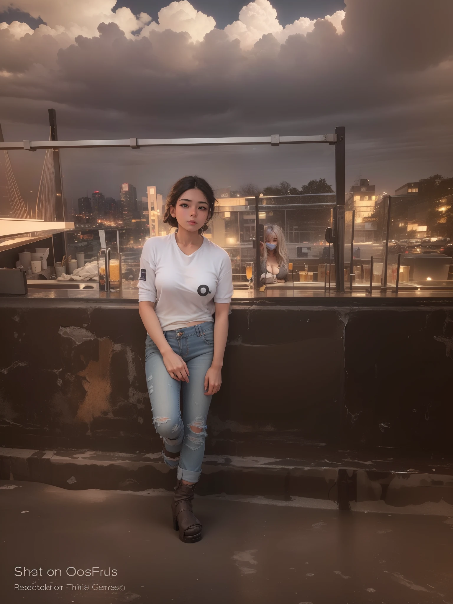 8k, best quality, realistic photos, realistic details, clear face, delicate facial features, real skin shine, a cute girl, shy, facing the camera, girl sitting in a bar in a gray fishnet sweater and tight denim, clear bar background, sea view, arms on bar counter, hips, slim body, big breasts, 18 years old, charming, seductive eyes