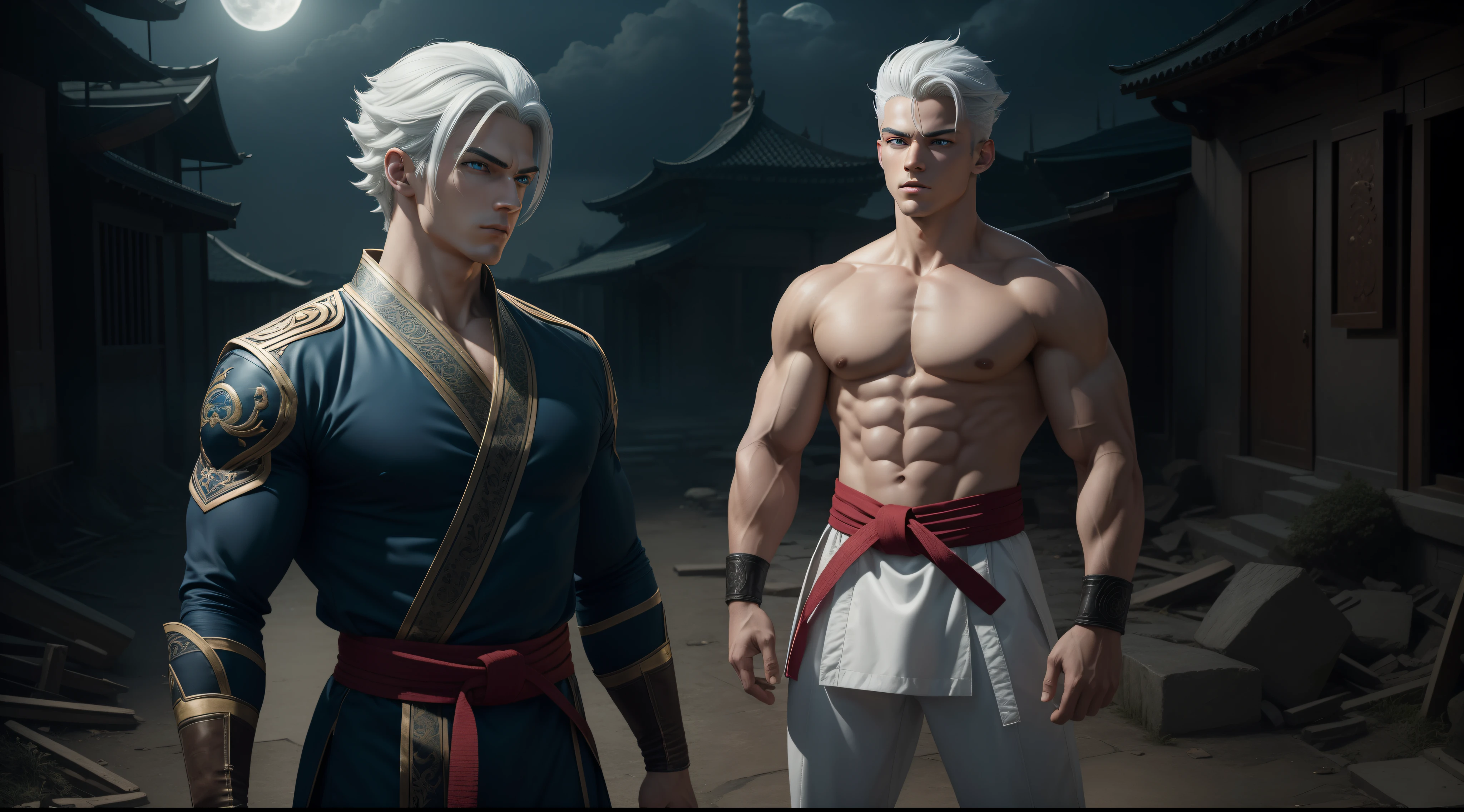 A true masterpiece of masculine beauty. Guts, 20 years old, Wears a martial arts outfit and fights in a haunted and abandoned city. Moonlight accentuates muscles just right. The landscape is lush and mysterious, with a dark city. The camera details everything. When looking at beautiful eyes, attractive blue eyes facing the viewer, one can clearly see every small detail, every perfect line, every detail of beautiful 8K quality skin, everyone is captivated by the beauty. Confidence radiates from every look. His head has white hair and his face is meticulously detailed in 8K quality images. Is a character in the Dragon Ball Seven series.