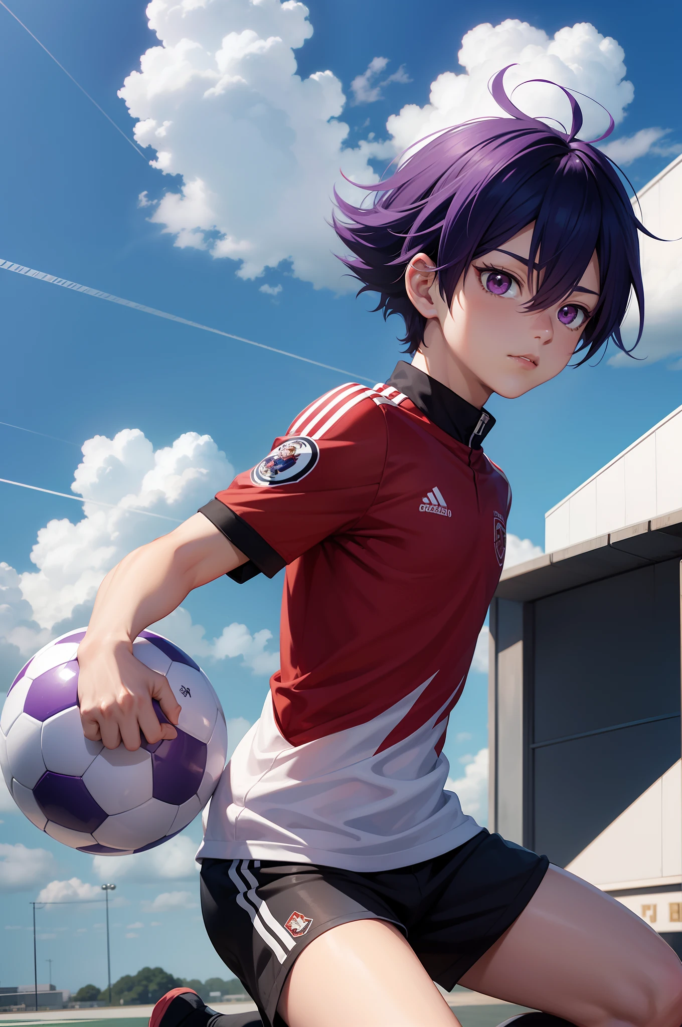 todoroki my hero academia,(menino anime), chutando uma bola de futebol com um fundo roxo, soccer uniform, cabelo roxo