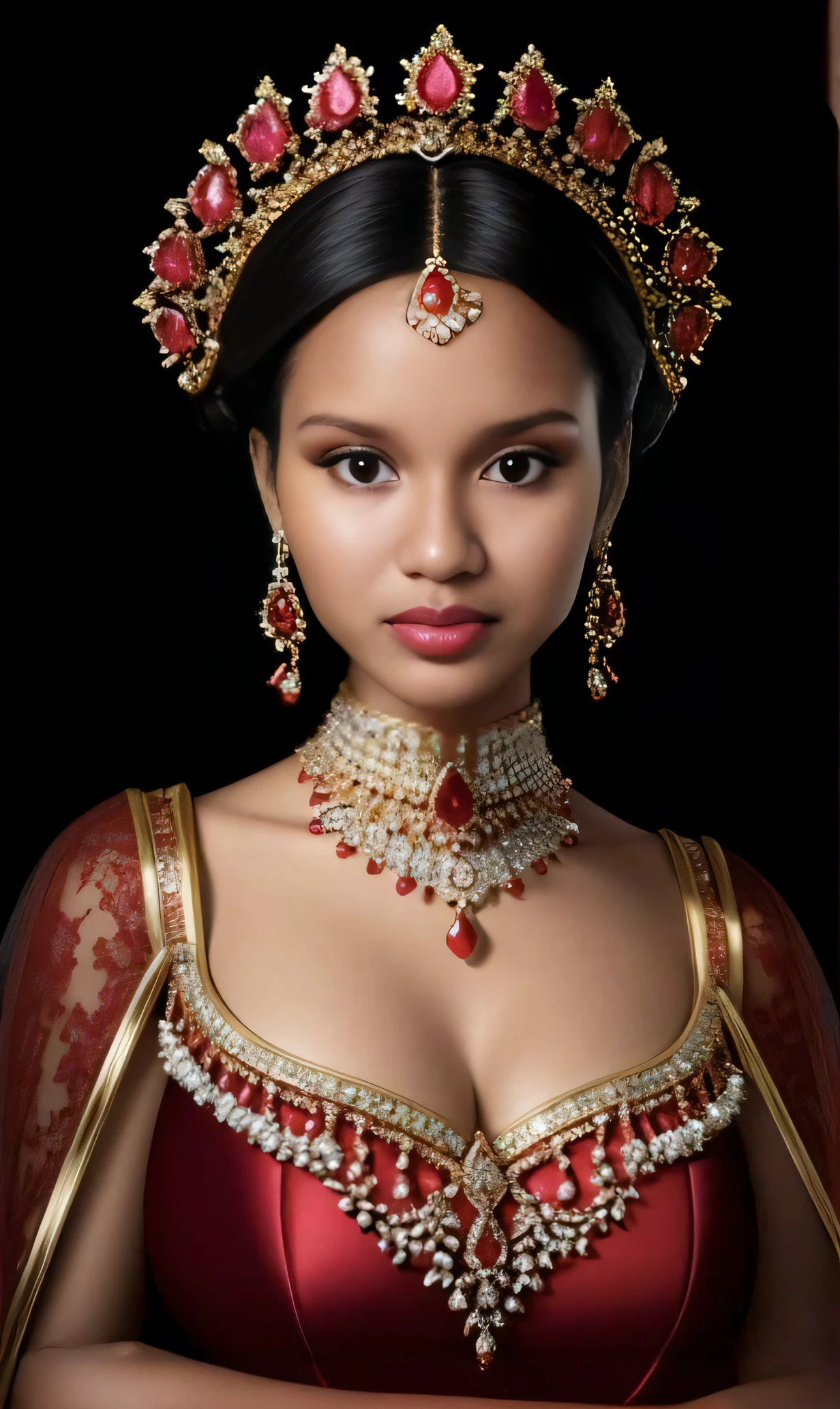 uma mulher em um vestido vermelho e joias de ouro posando para uma foto, beleza tradicional, adornado com pedras preciosas, Indian Empress, mulher linda, realeza enfeitada e incrustada, mulher oriental bonita, de princesa indiana, mulher muito bonita, Mulher bonita do Himalaia, princesa feminina bonita, Indian girl with brown skin, Super modelo indiano, Princesa africana deslumbrante
